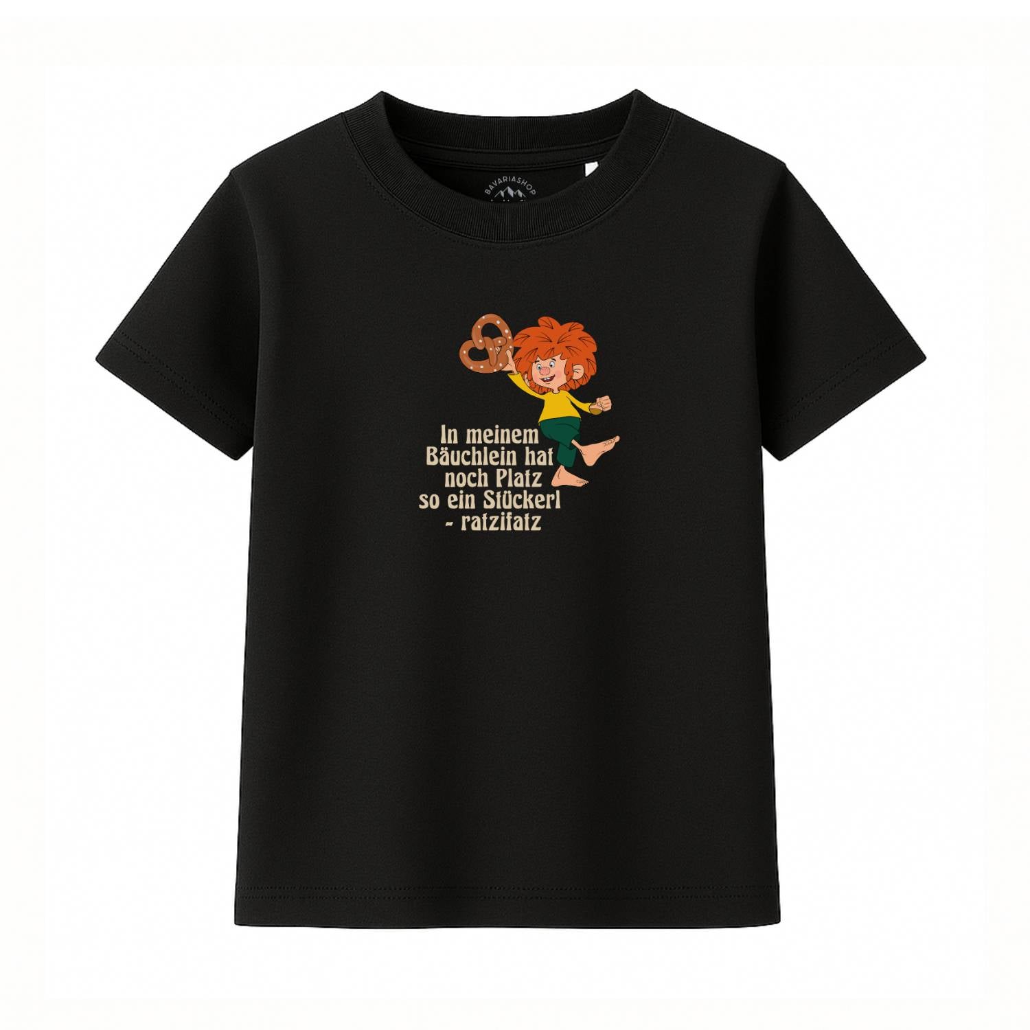 Schwarzes Pumuckl Kinder T-Shirt Brezn Stückerl mit lustigem Spruch und Kobold Grafik.