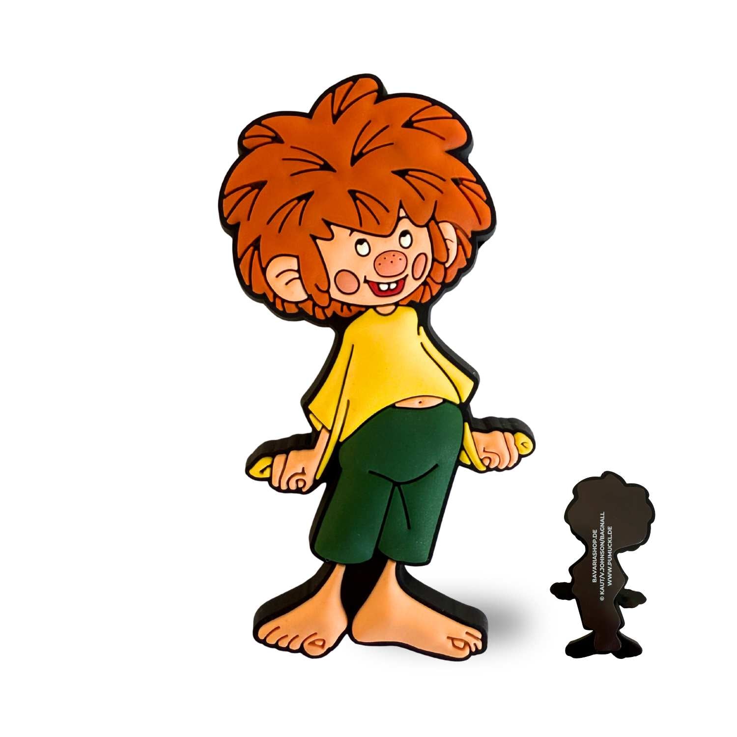 Pumuckl Magnete 3er Set mit lachendem Pumuckl in gelbem Hemd und grüner Hose, dazu Umrissmagnet