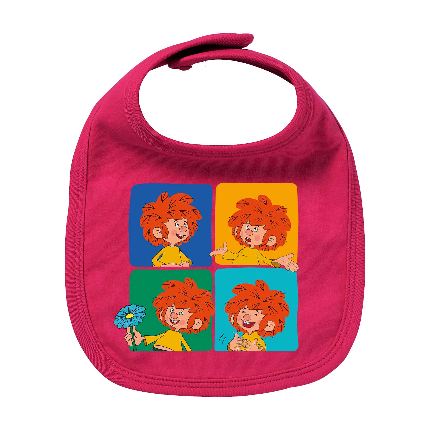 Fuchsiafarbenes Pumuckl Lätzchen "Meisterwerk" mit vier Comicfeldern inklusive verschiedenen Kobold-Posen.