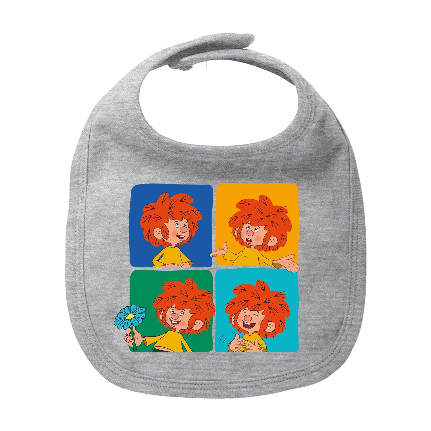 Pumuckl Lätzchen Meisterwerk, grau, mit vier quadratischen Pumuckl-Motiven in leuchtenden Farben