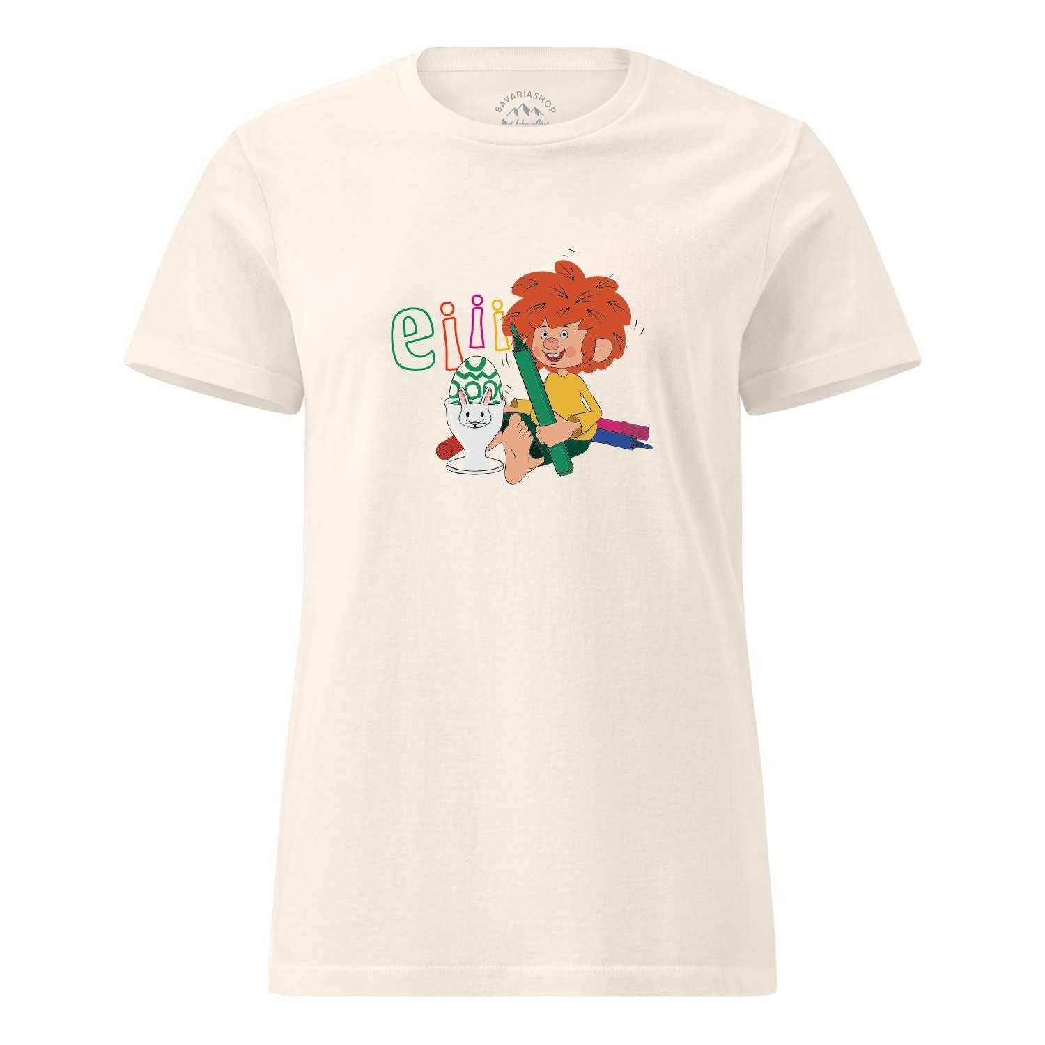 Cremefarbenes Damen T-Shirt mit Pumuckl der bunte Ostereier bemalt und dem Schriftzug "Eiii