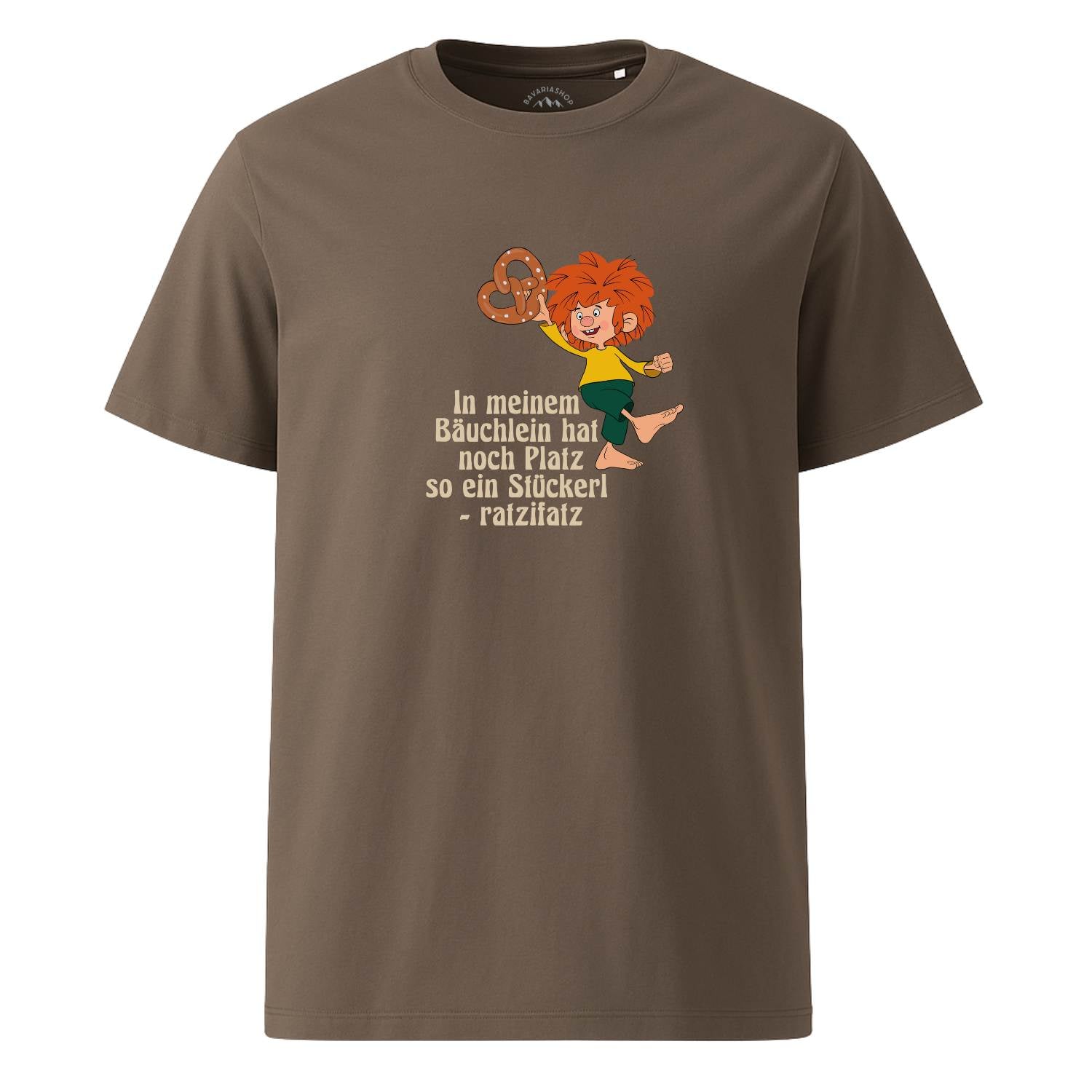 Pumuckl Herren T-Shirt "Brezn Stückerl" in Braun mit frechem Pumuckl und Brezelgrafik, bayerischer Spruch.