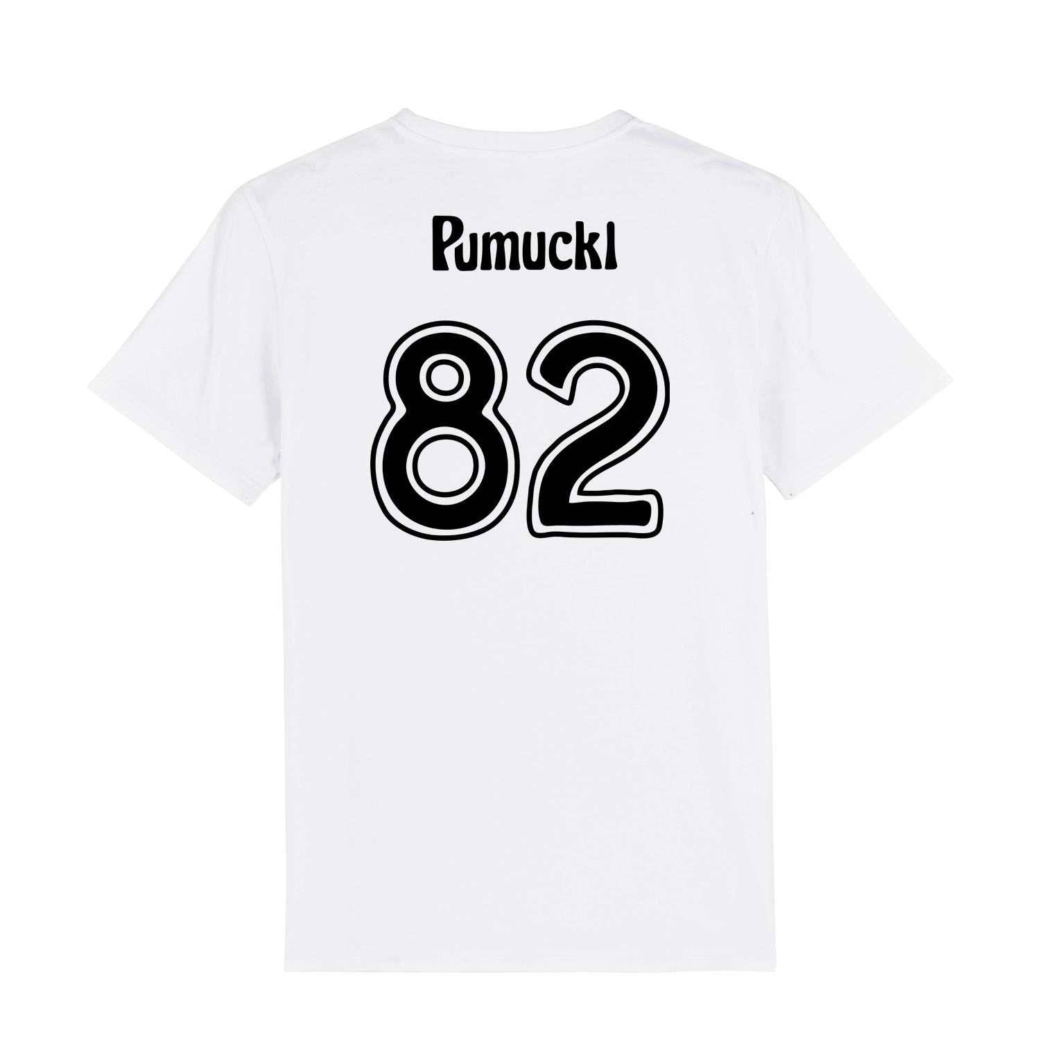 Weißes Pumuckl Herren T-Shirt "Fußball Kobold" mit schwarzem "Pumuckl 82" Aufdruck auf dem Rücken.