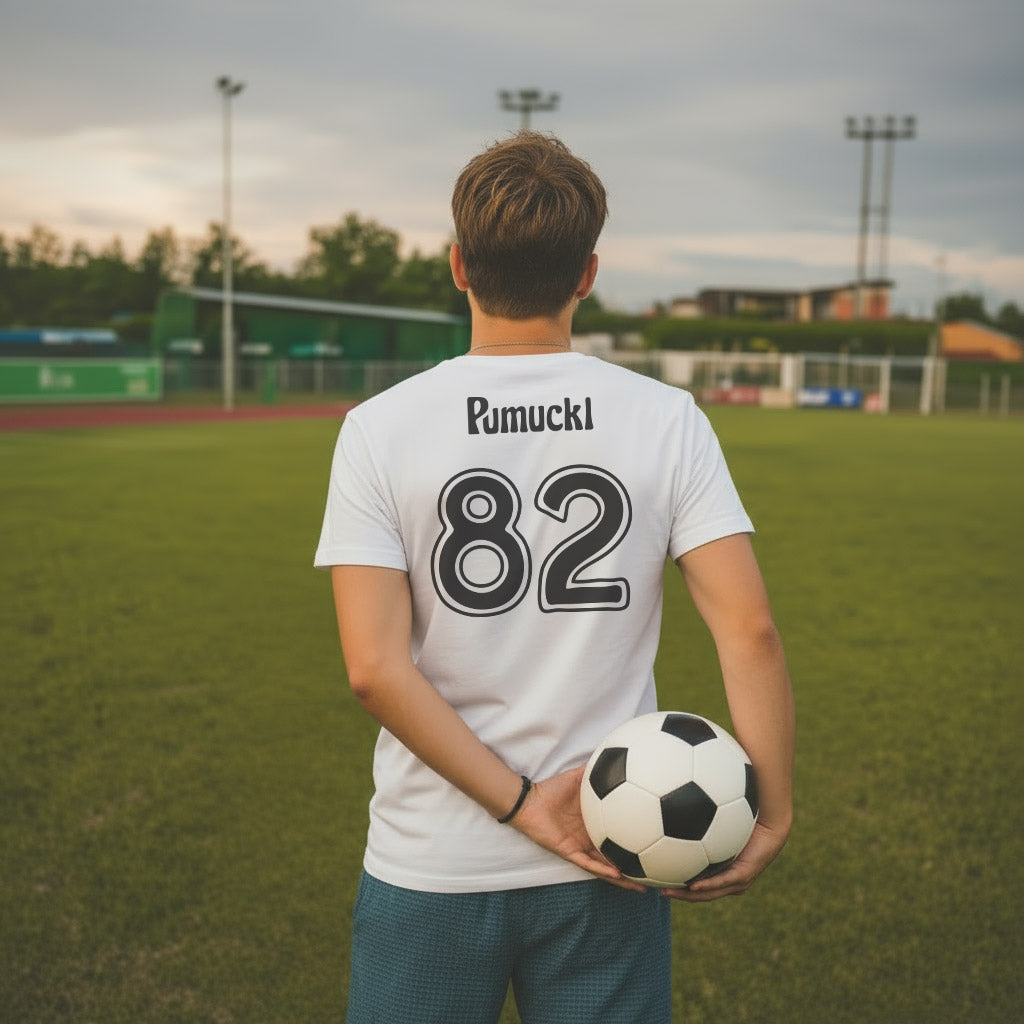 Rückenansicht eines Mannes im Pumuckl Herren T-Shirt "Fußball Kobold" mit Nummer 82 und Ball auf dem Platz.