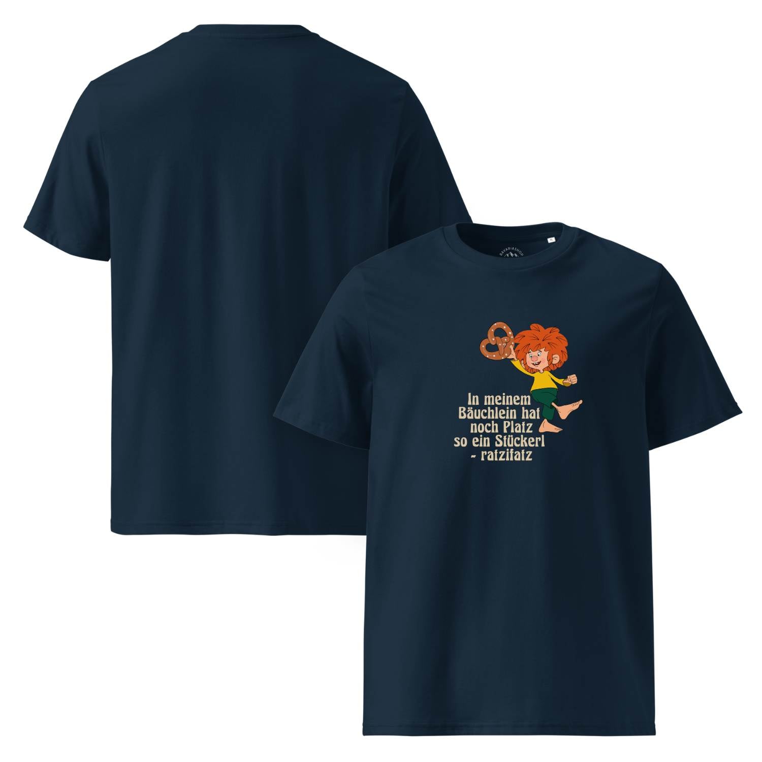 Dunkelblaues Pumuckl Herren T-Shirt "Brezn Stückerl" mit lustigem Spruch und Pumuckl-Motiv, vorn und hinten.