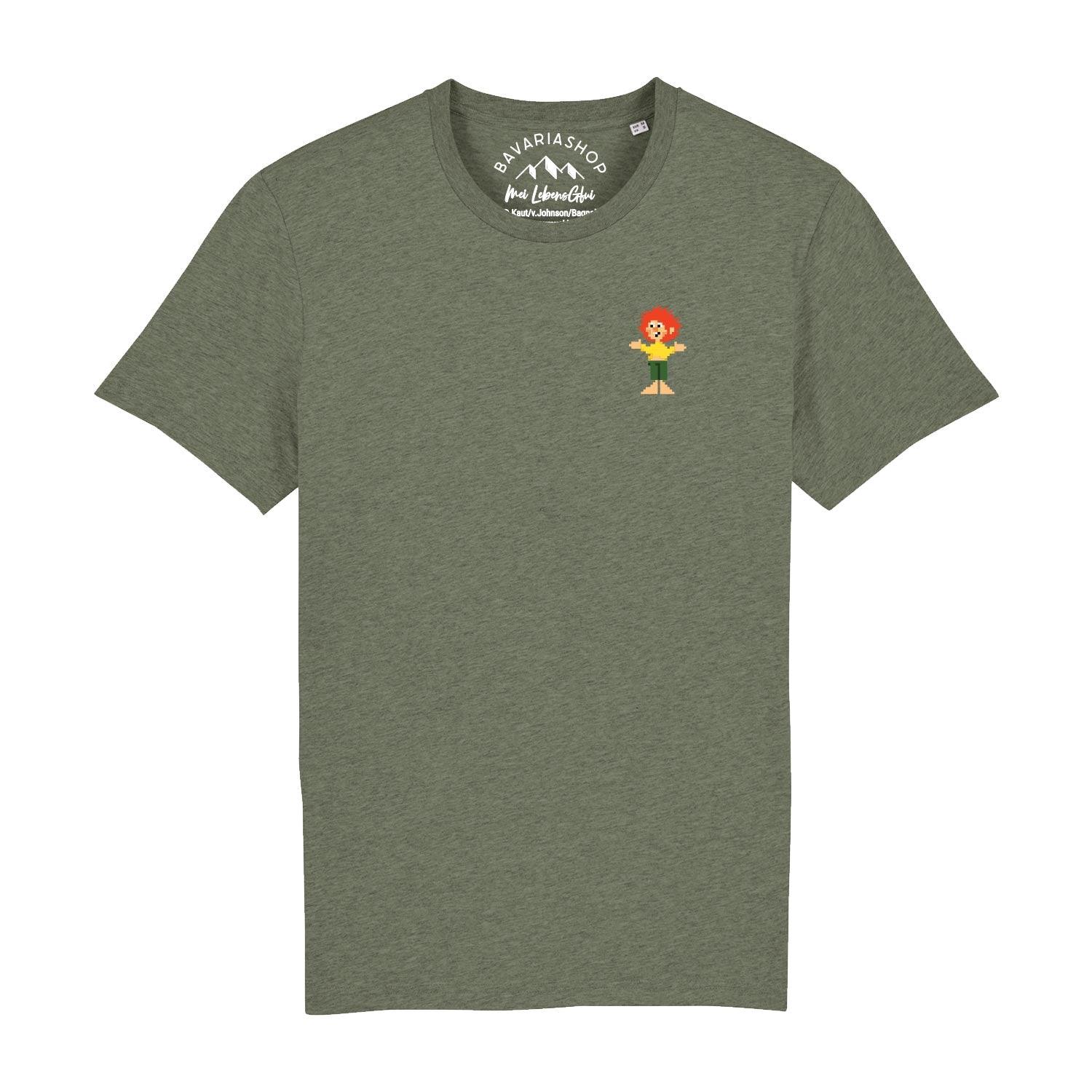 Khakifarbenes Pumuckl T-Shirt "Pixmuckl" mit kleinem, pixeligem Pumuckl-Motiv auf der Brust, weicher Baumwollstoff.