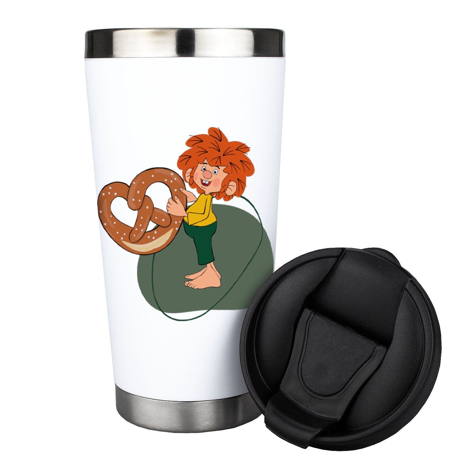 Weißer ®Pumuckl Thermo-Becher Breze mit gelbem Pumuckl, der eine goldbraune Brezel hält.