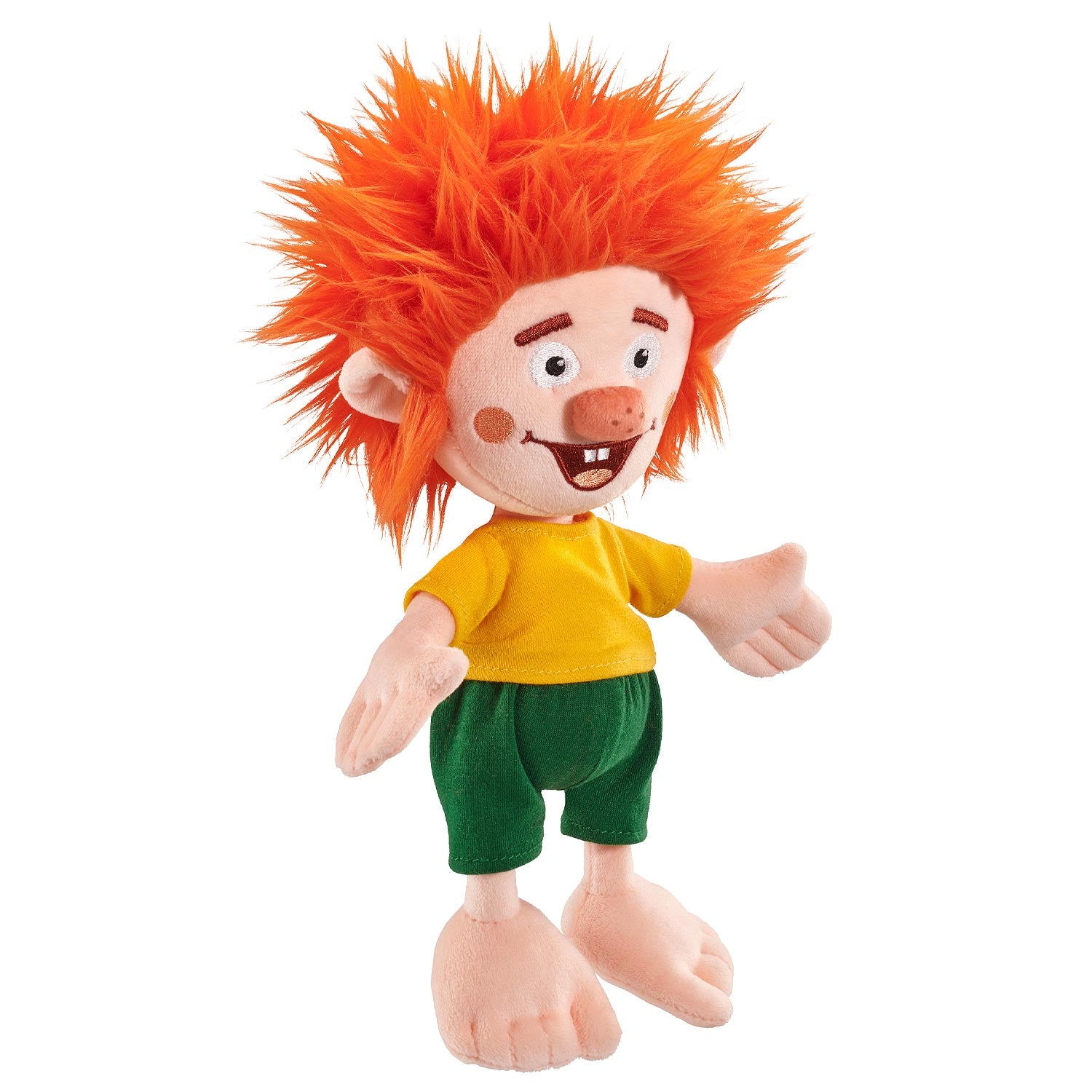 Pumuckl Plüschfigur mit stehendem Körper, großen Ohren, roten Haaren und auffälligem Gesichtsausdruck, ca. 28 cm.