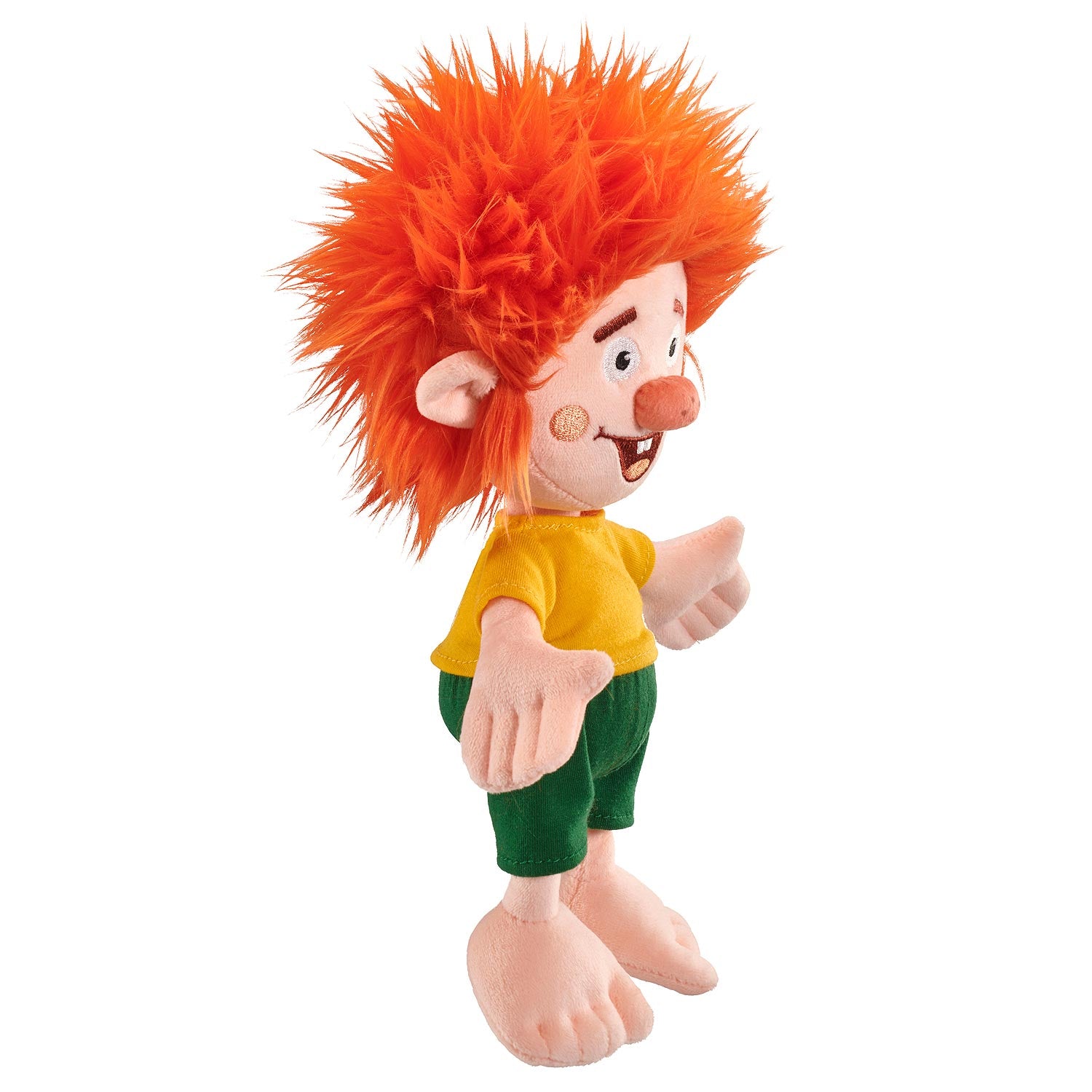 Plüschpuppe des Charakters Pumuckl mit roten Haaren, sichtbarer Zahnreihe und grünem Oberteil, ca. 28 cm groß.