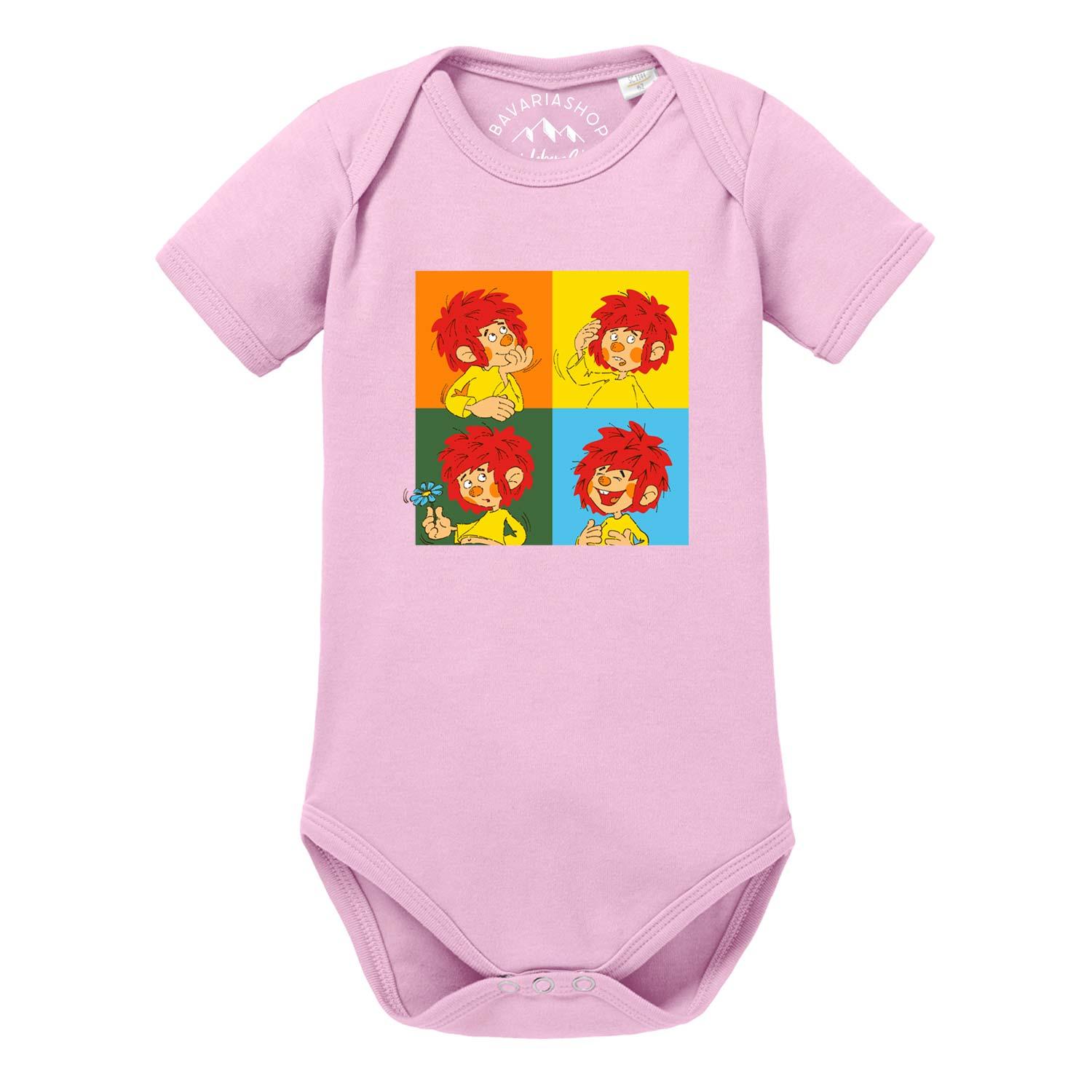 Kurzärmeliger Baby-Body mit mittigem Pumuckl-Motiv und Aufschrift „Meisterwerk“, aus weichem Baumwollstoff.