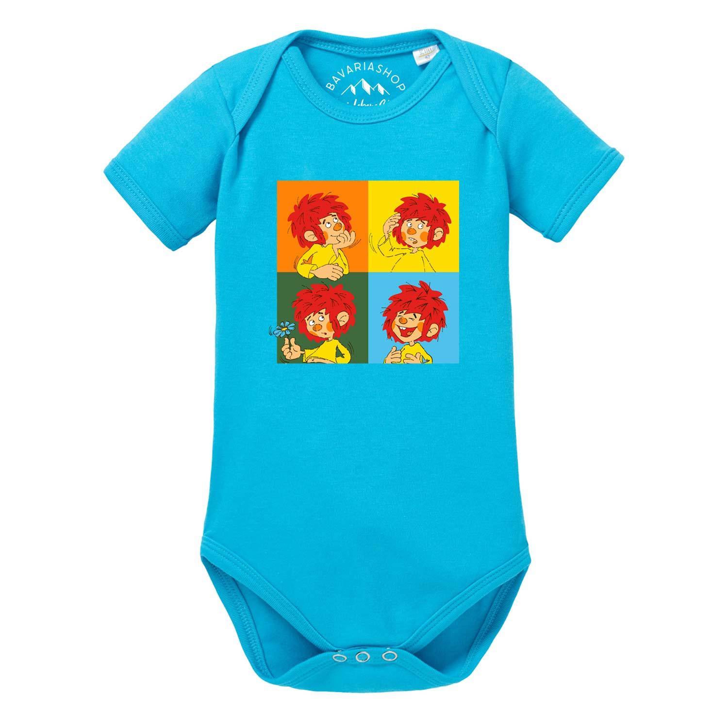 Baby-Body mit Pumuckl-Motiv und großem "Meisterwerk"-Schriftzug auf der Vorderseite, aus Baumwolle.