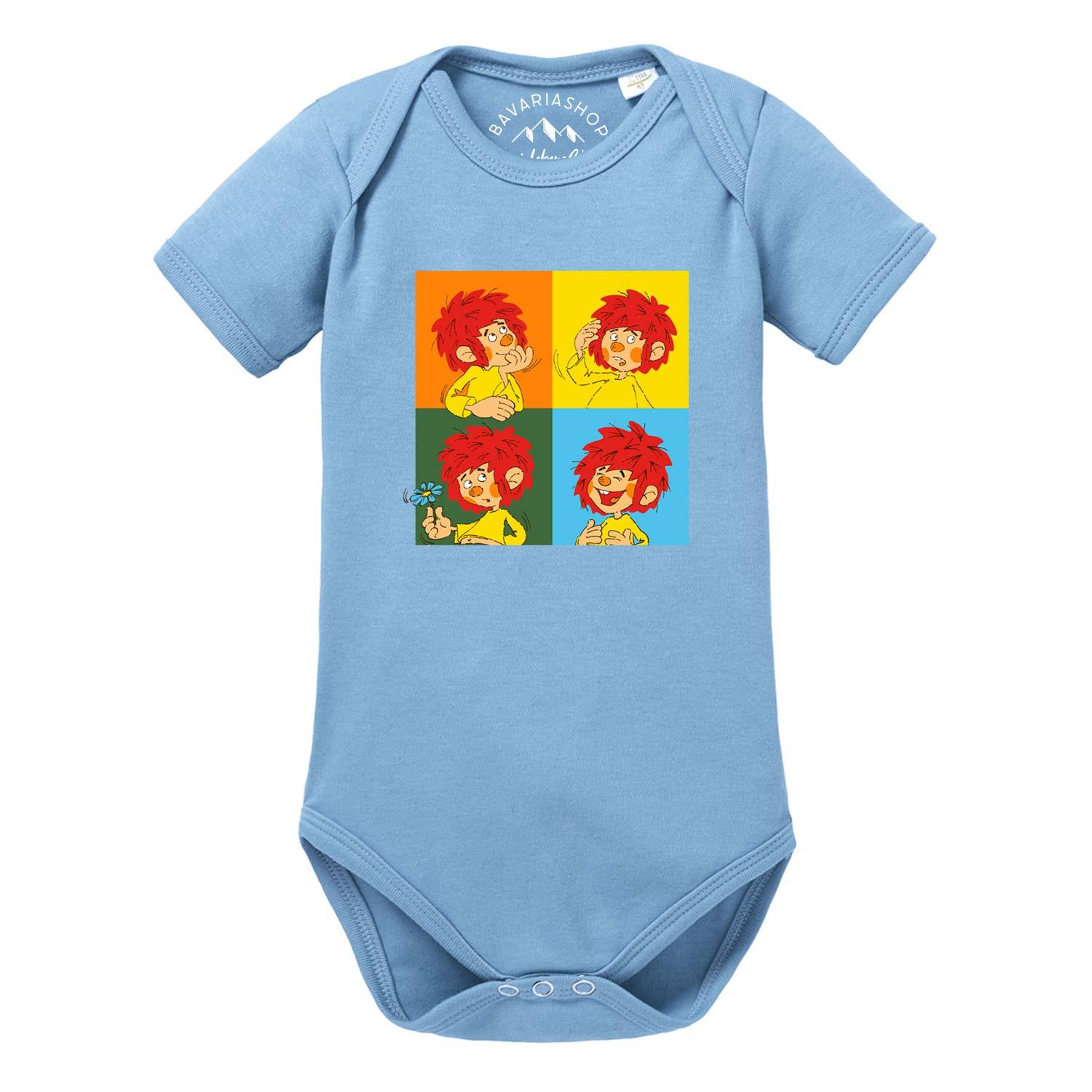 Baby-Body mit Pumuckl-Motiv und dem Schriftzug „Meisterwerk“, kurzärmelig, mit Druckknöpfen im Schritt, aus Baumwolle.