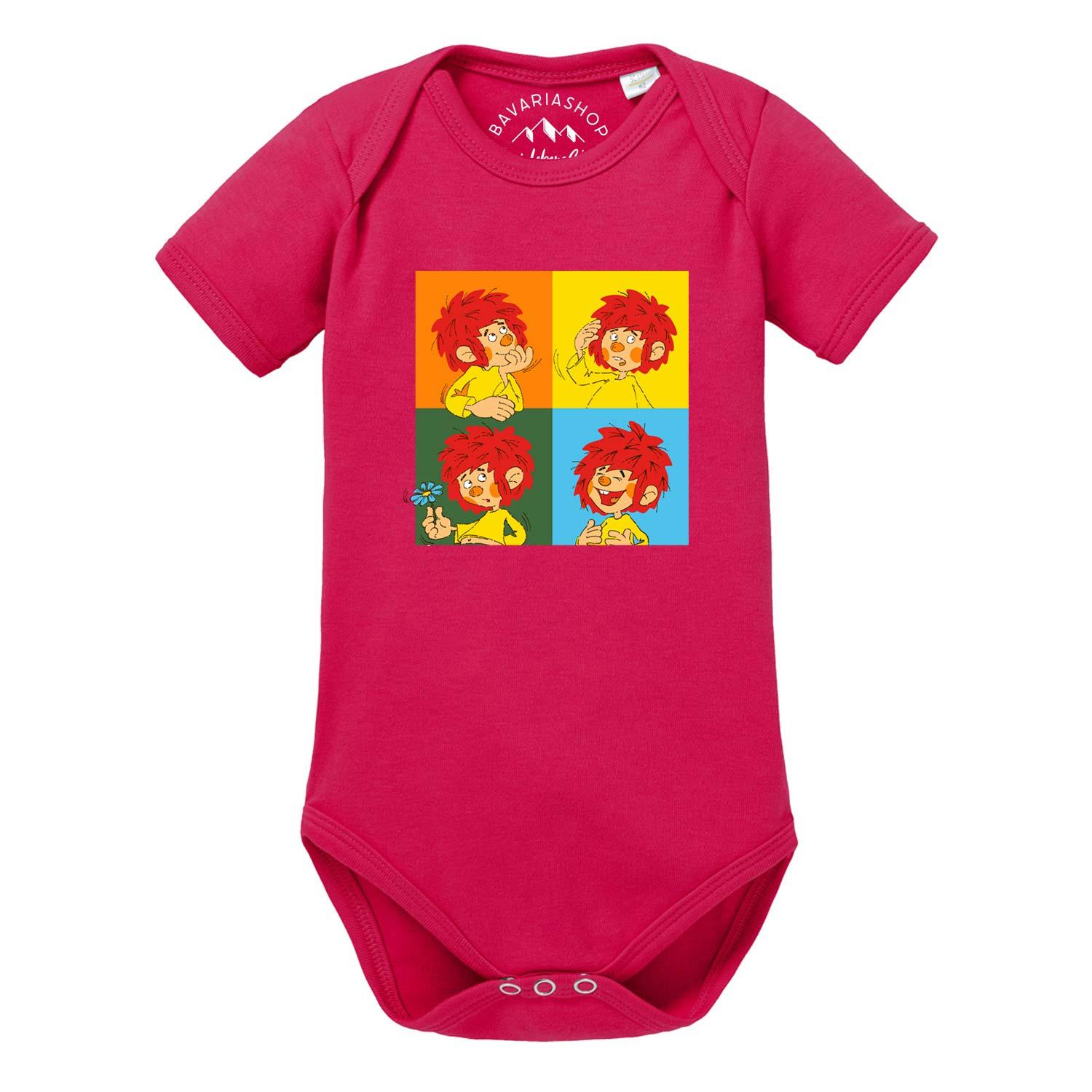 Baby-Body mit Pumuckl-Motiv und Schriftzug „Ein Meisterwerk“, Druckknöpfe im Schritt, aus Baumwolle.