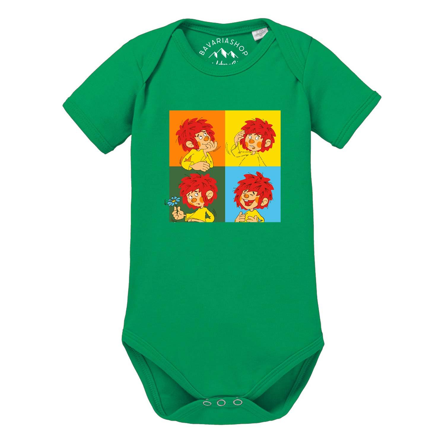 Baby-Body mit Pumuckl-Motiv und „Meisterwerk“-Schriftzug vorne, mit kurzen Ärmeln, aus Baumwolle.