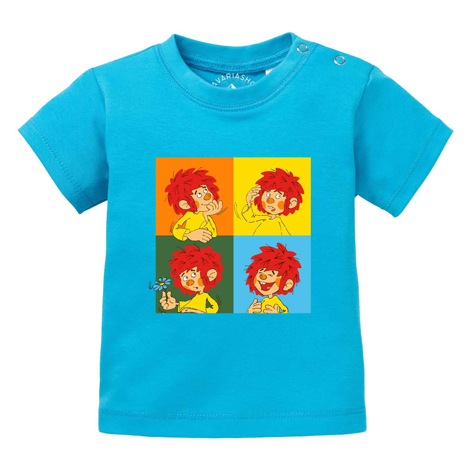 Baby-T-Shirt mit Pumuckl-Motiv und Schriftzug „Meisterwerk“ auf der Vorderseite, aus Baumwolle gefertigt.