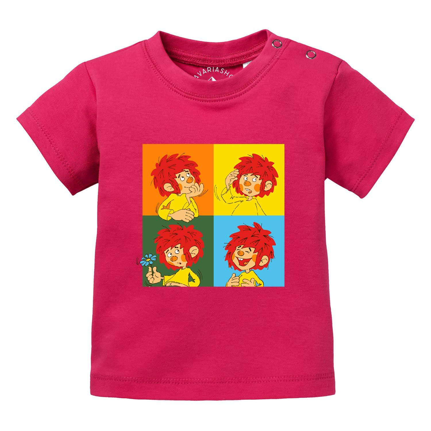 Baby-T-Shirt mit Pumuckl-Motiv und „Meisterwerk“-Schriftzug auf der Brust, aus Baumwolle gefertigt.
