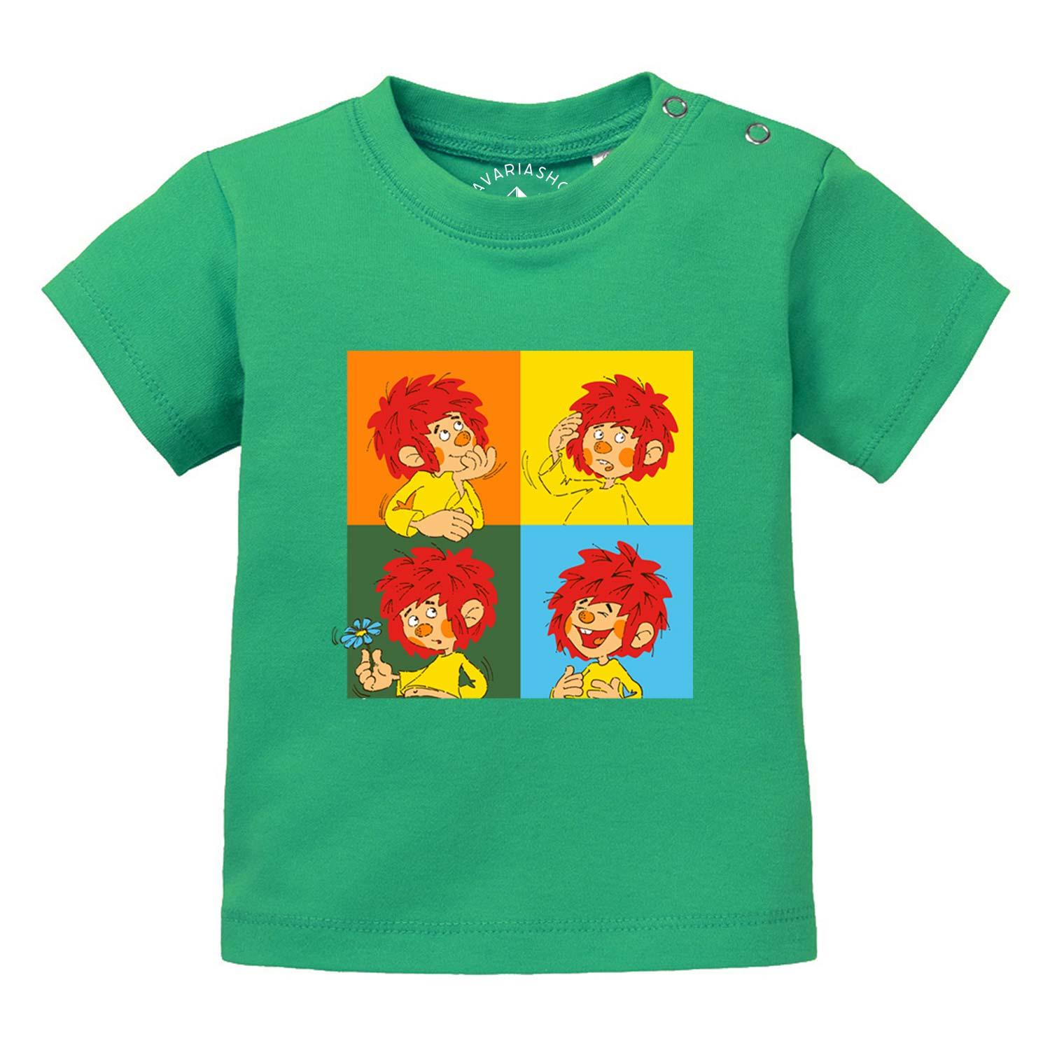 Baby T-Shirt mit aufgedrucktem Pumuckl-Motiv und dem Schriftzug „Meisterwerk“, kurzärmelig aus Baumwolle.