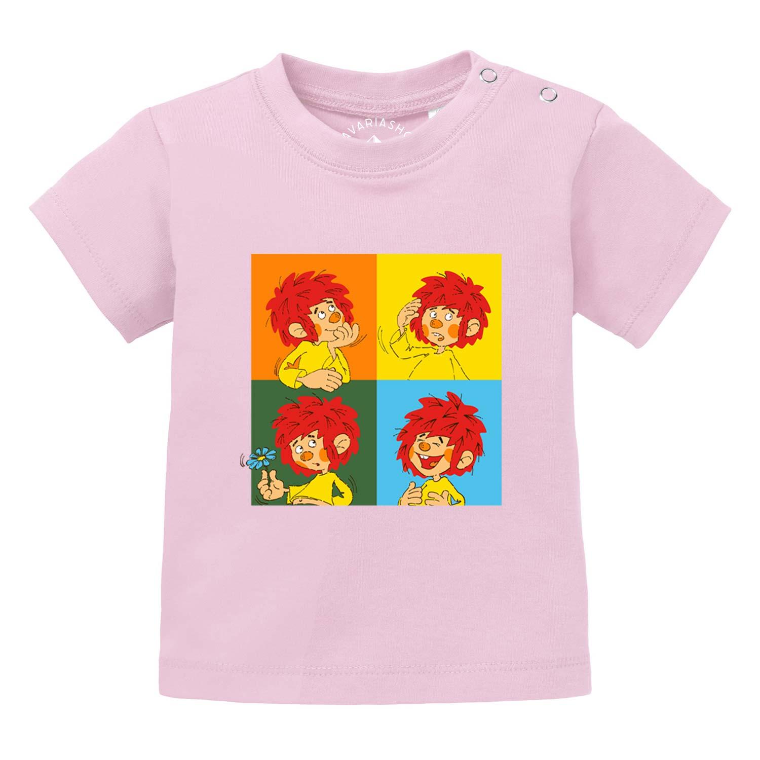Kurzärmeliges Baby-T-Shirt mit rundem Halsausschnitt und Pumuckl-Motiv, Schriftzug „Meisterwerk“, aus Baumwolle.