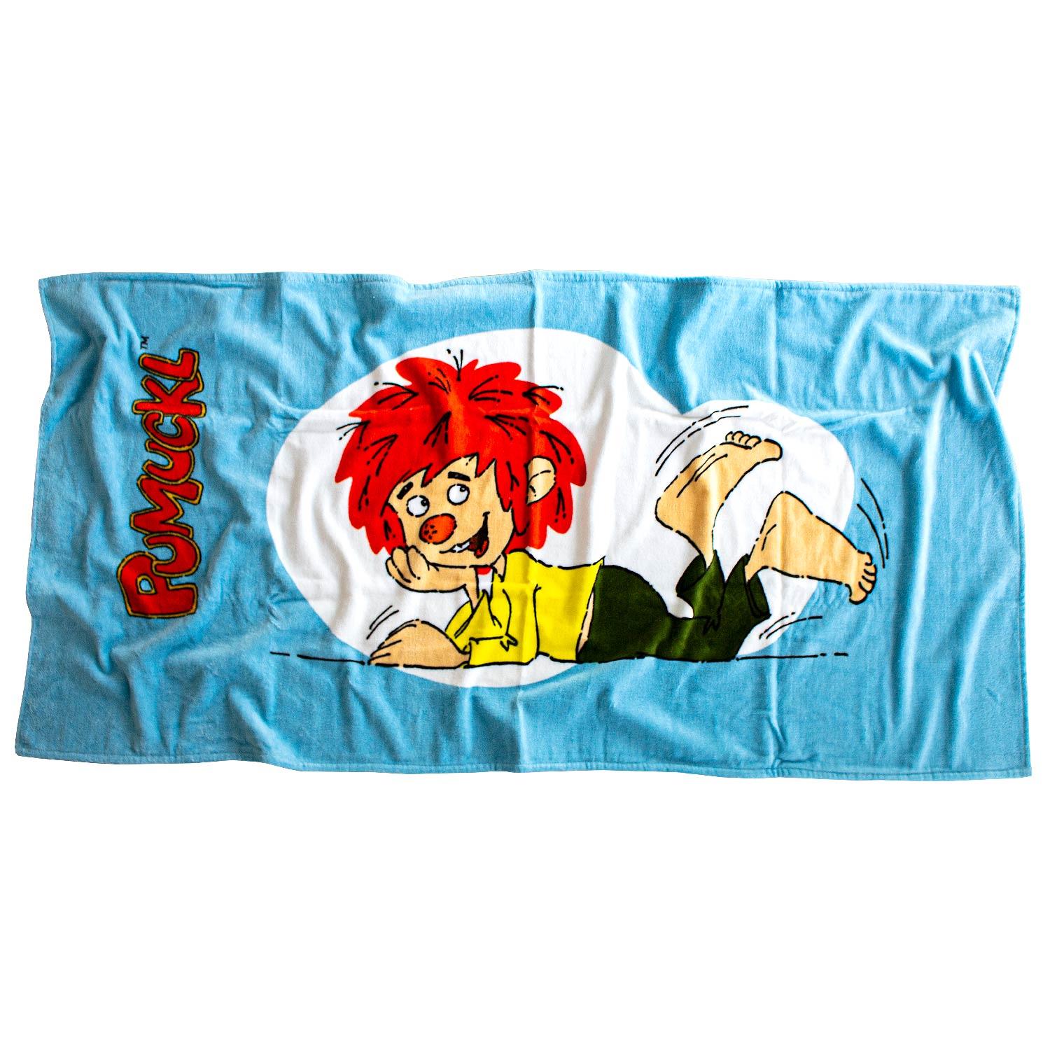 Großes Badehandtuch mit Pumuckl-Motiv, hochwertigem Druck und kräftigen Farben, aus 100 % Baumwolle, 75 x 150 cm.