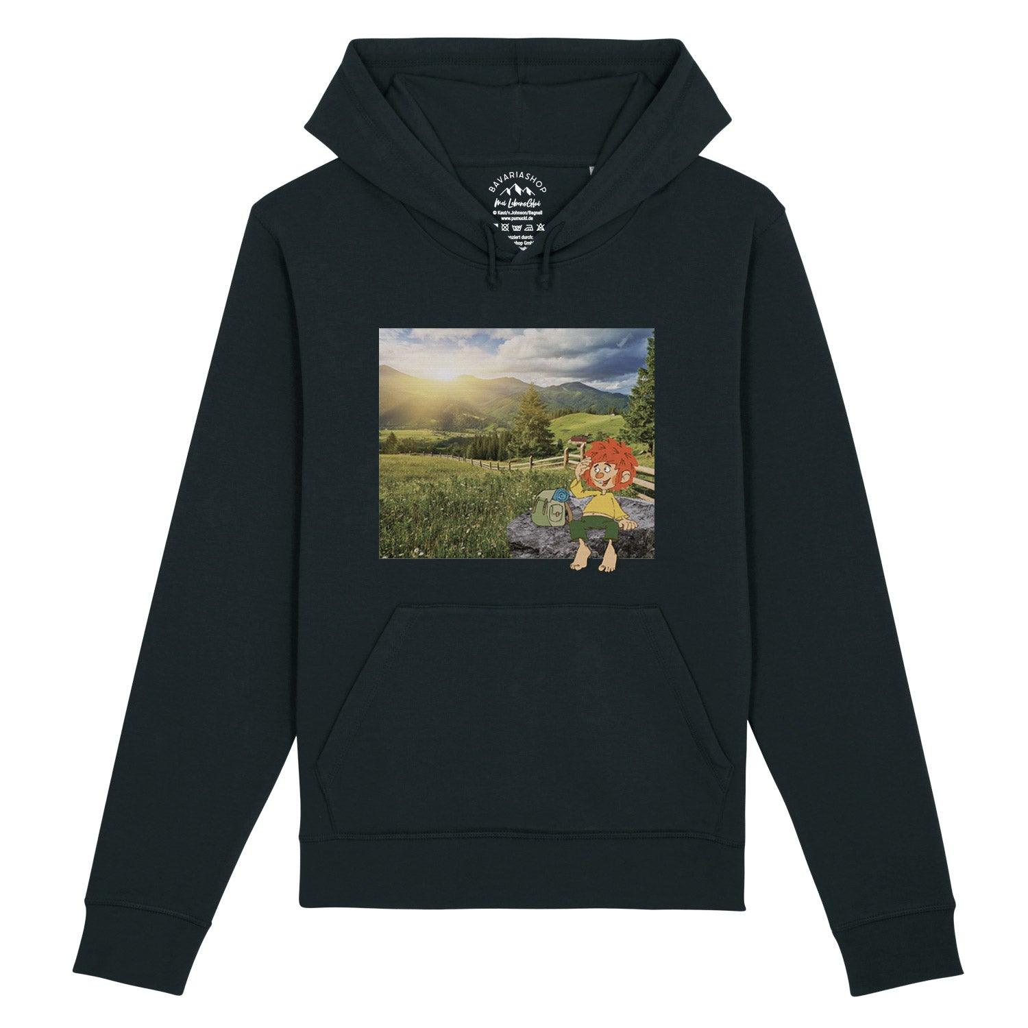 Damen Hoodie mit Pumuckl-Motiv und Berg-Kobold-Schriftzug in Retro-Optik, mit Kapuze und Kordelzug, aus Bio-Baumwolle und recyceltem Polyester.