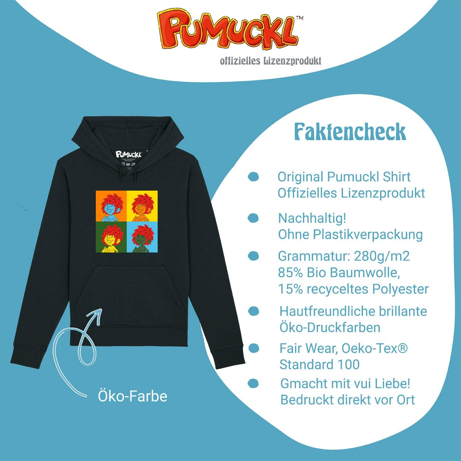 Damen Kapuzenpullover mit Pumuckl Pop-Art-Motiv, Kordelzug an der Kapuze, Kängurutasche vorne, 85 % Bio-Baumwolle, 15 % recyceltes Polyester.