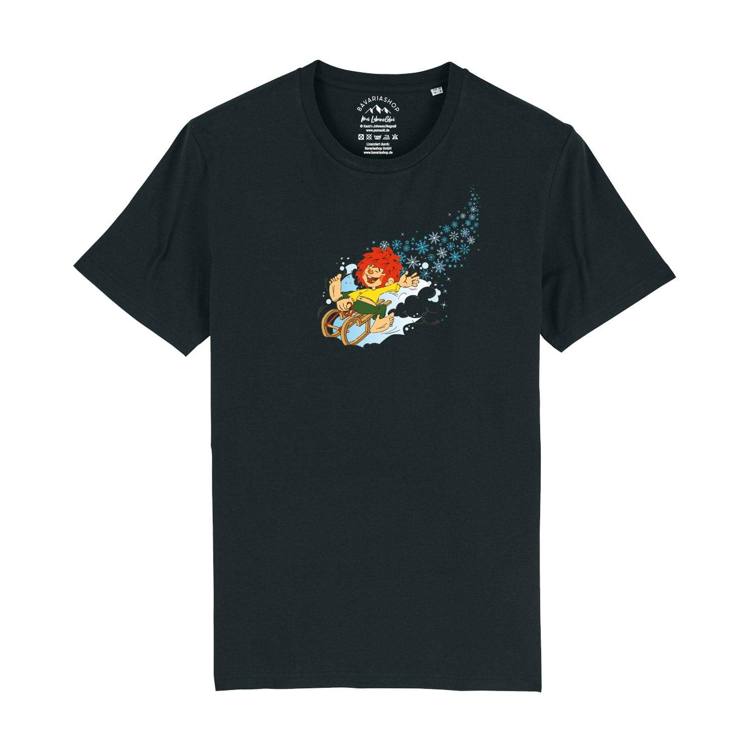 Herren-T-Shirt mit Pumuckl-Motiv im Winter-Design, Rundhalsausschnitt, aus 100 % Bio-Baumwolle, 180 g/m².