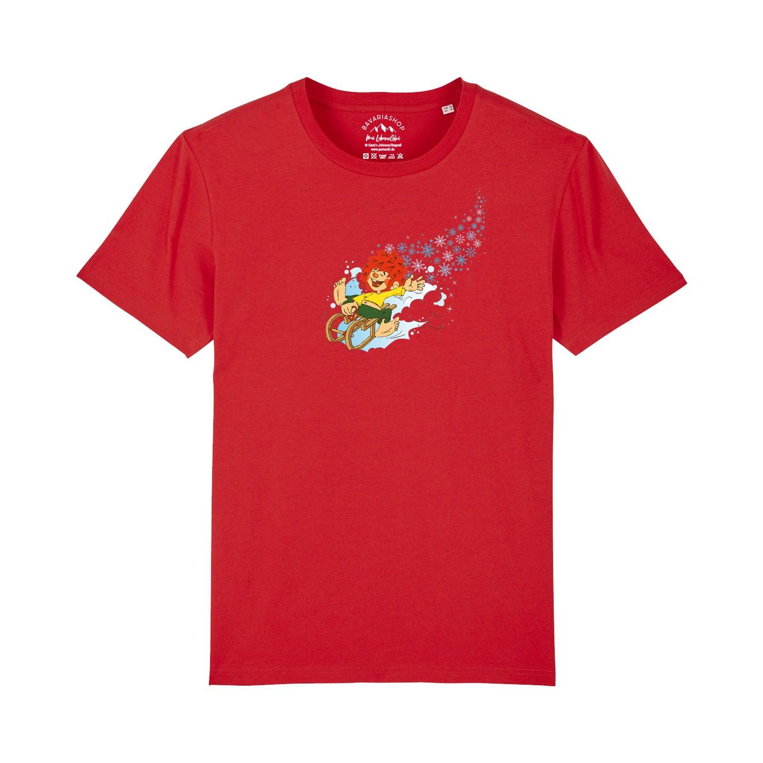 Herren T-Shirt mit Pumuckl-Wintermotiv vorne, Rundhalsausschnitt, 100 % Bio-Baumwolle, Grammatur 180 g/m².