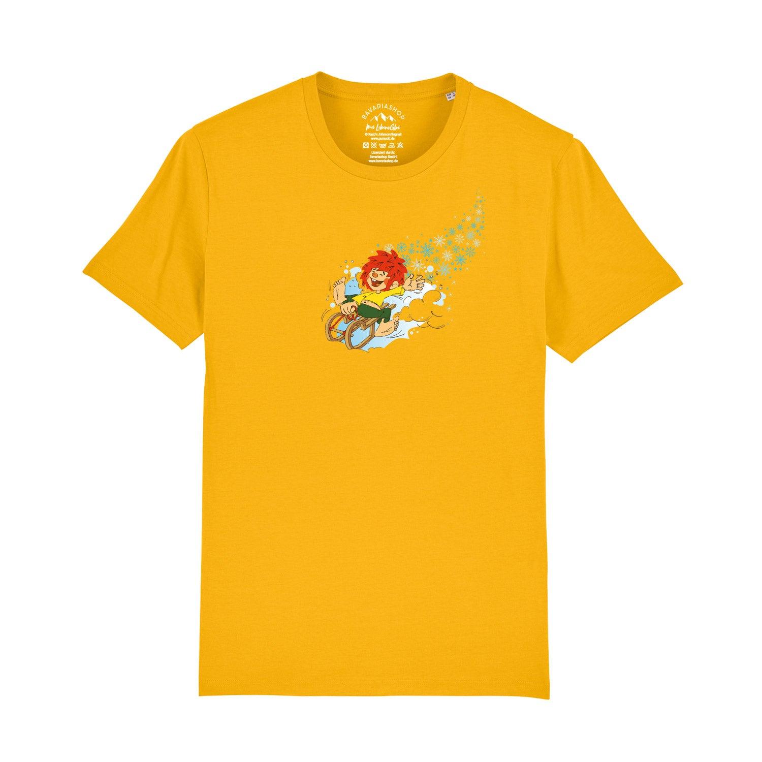 Herren T-Shirt mit Pumuckl-Wintermotiv auf der Front, aus 100 % Bio-Baumwolle, Grammatur 180 g/m².