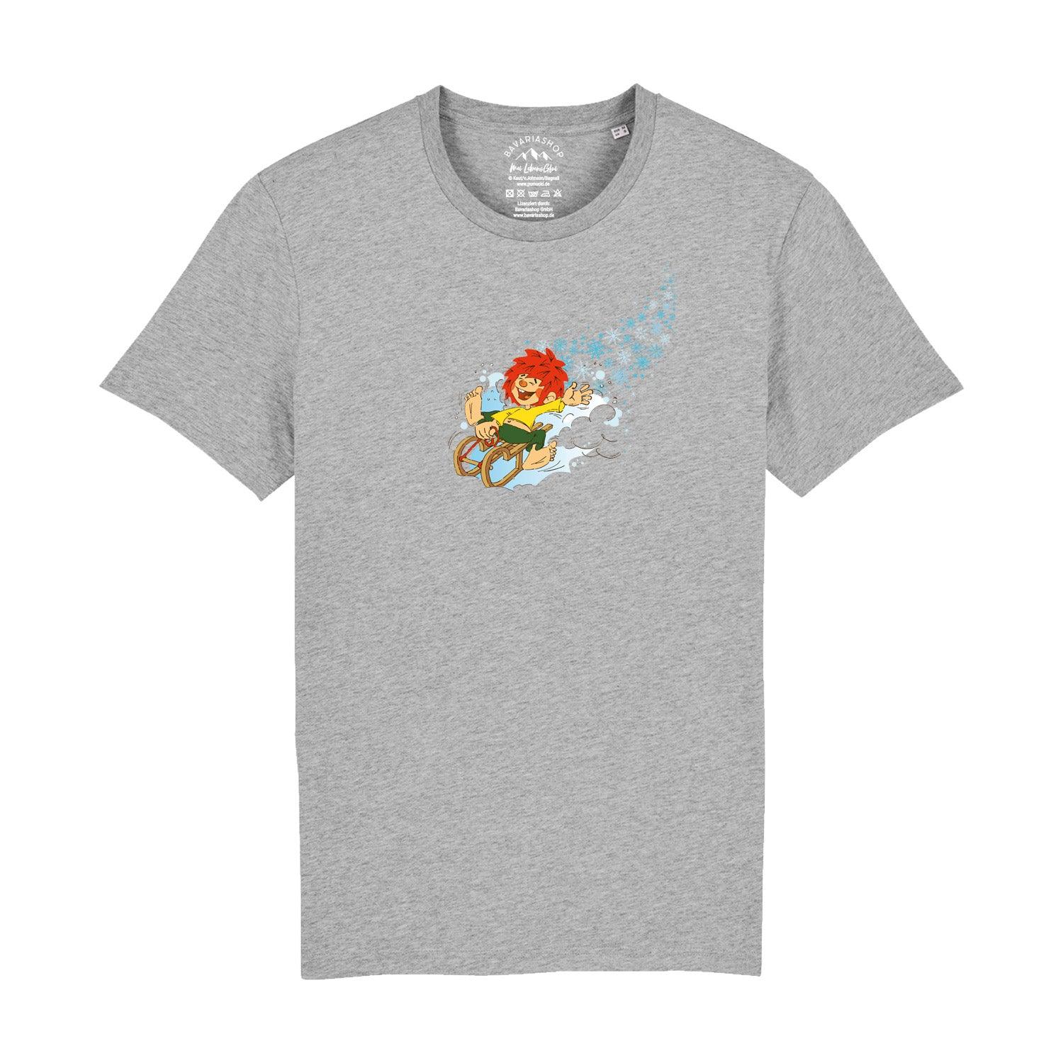 Herren T-Shirt mit Pumuckl-Wintermotiv, Rundhalsausschnitt, aus 100 % Bio-Baumwolle, Grammatur 180 g/m².