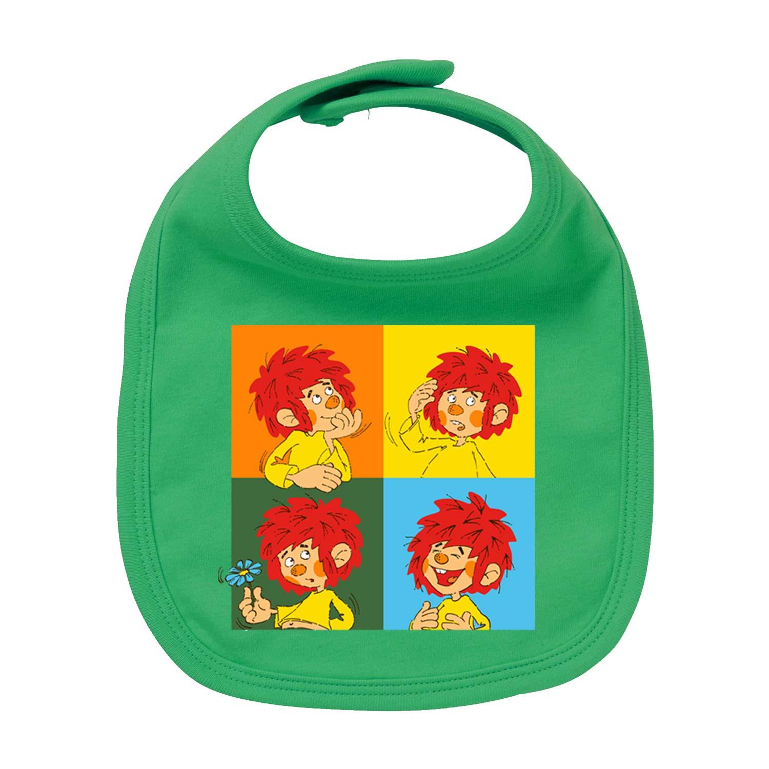 Babylätzchen mit Pumuckl-Motiv und „Meisterwerk“-Schriftzug, aus Bio-Baumwolle mit Siebdruck, 35 × 22 cm.