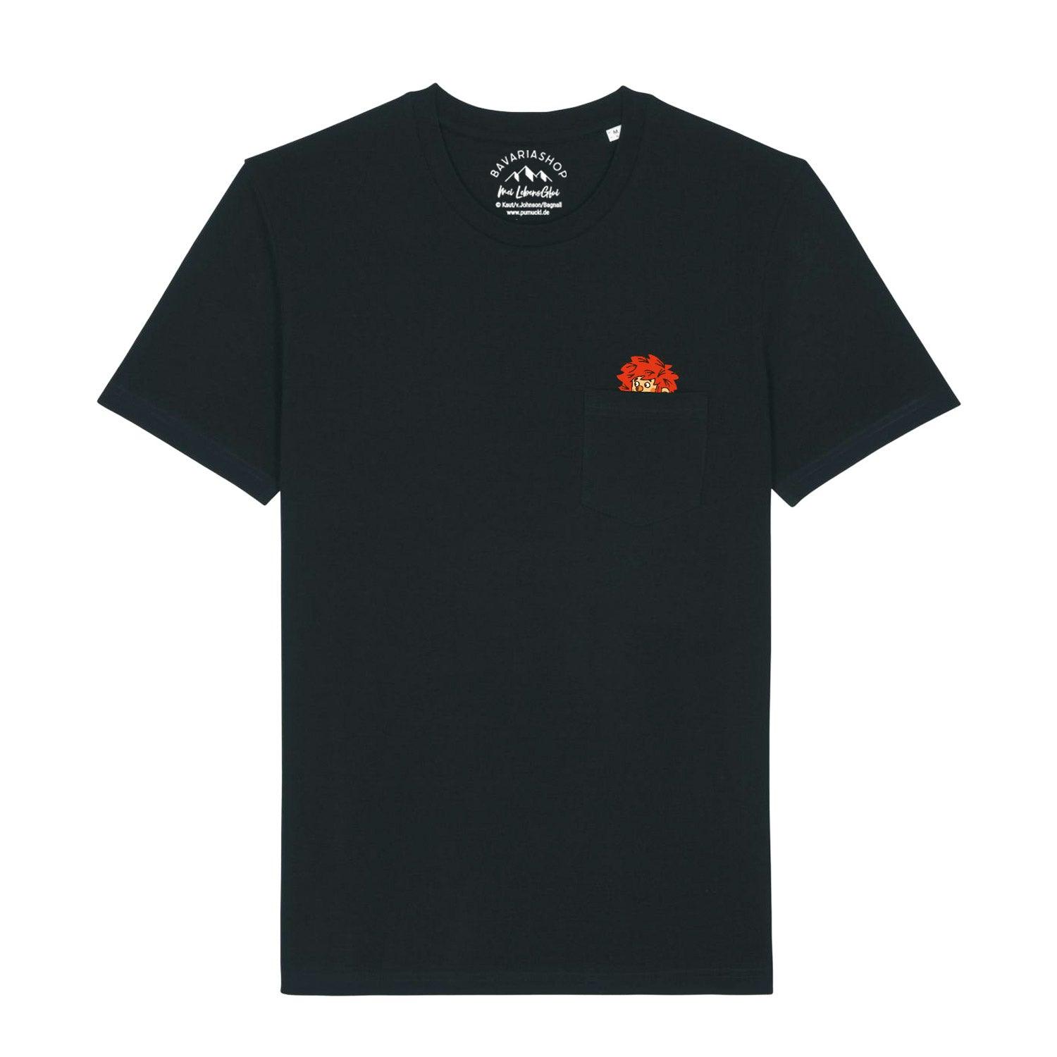 Unisex T-Shirt aus Bio-Baumwolle mit Pumuckl-Motiv, Brusttasche und Siebdruck-Design auf der Vorderseite.