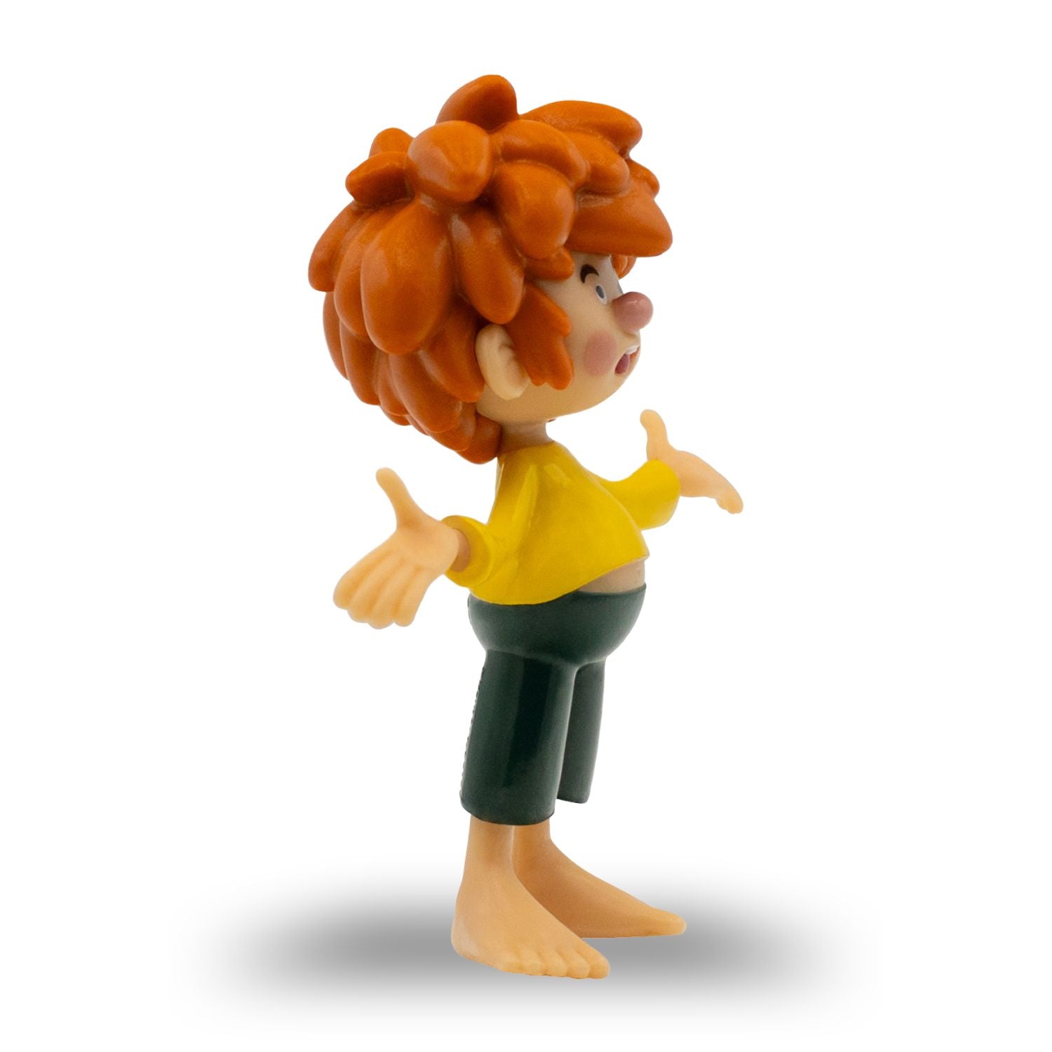 Pumuckl Figur fragend mit rotem Haar, gelbem Hemd und grüner Hose, 7 cm hoch