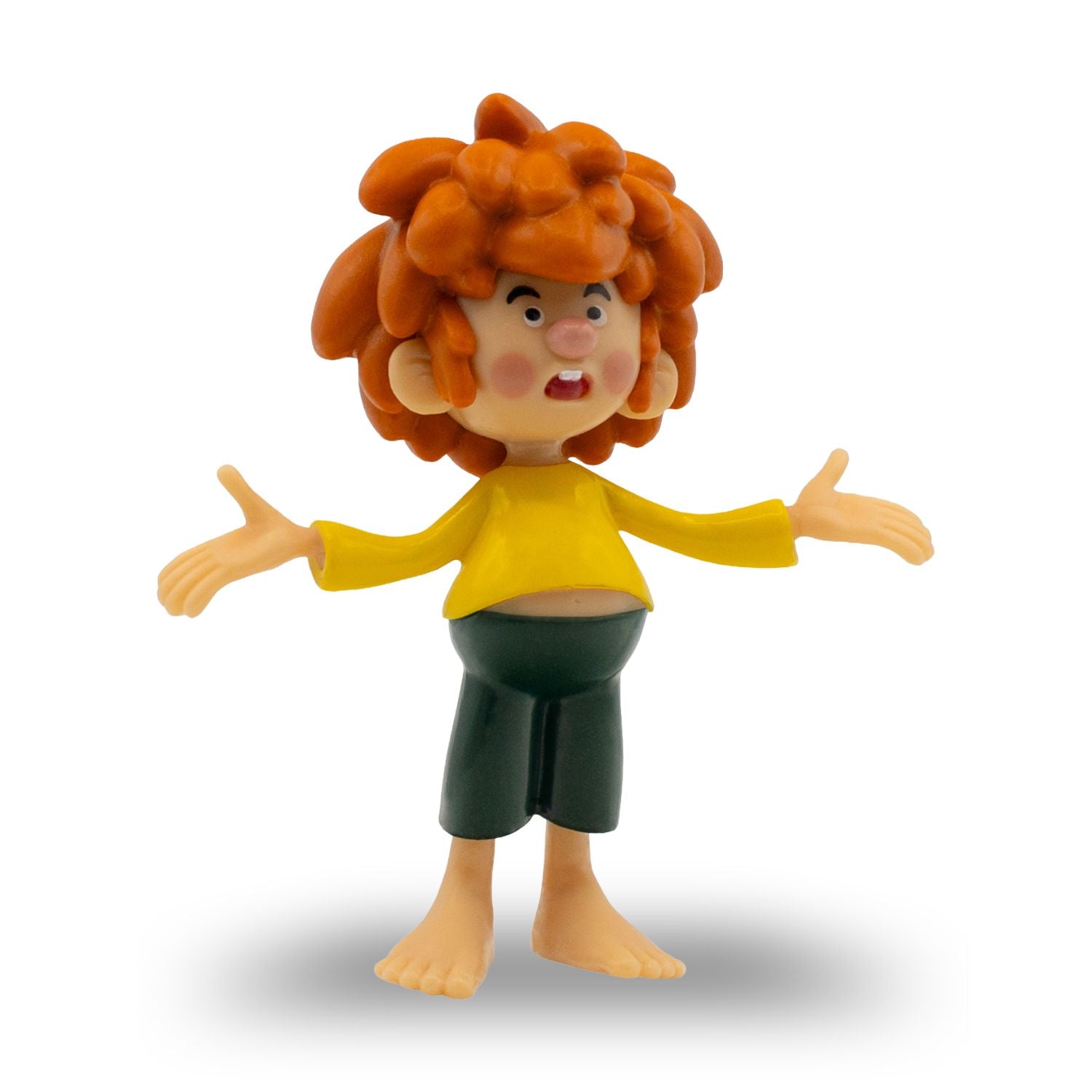 Pumuckl-Figur fragend mit rotem Haar, gelbem Hemd und grüner Hose, 7 cm Sammelfigur.