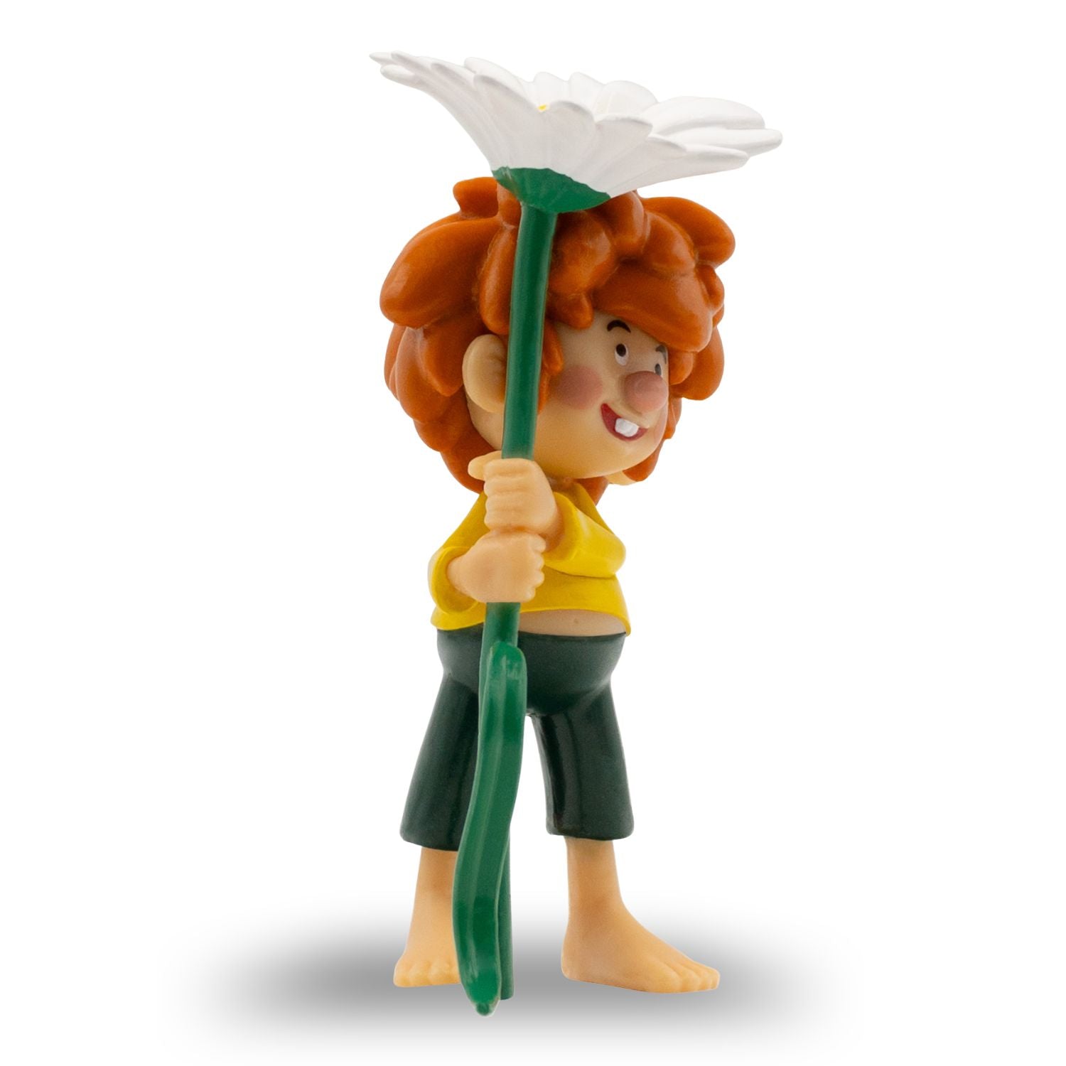 Pumuckl Figur Blume 8 cm, der rothaarige Kobold mit Gänseblümchen-Stiel in den Händen