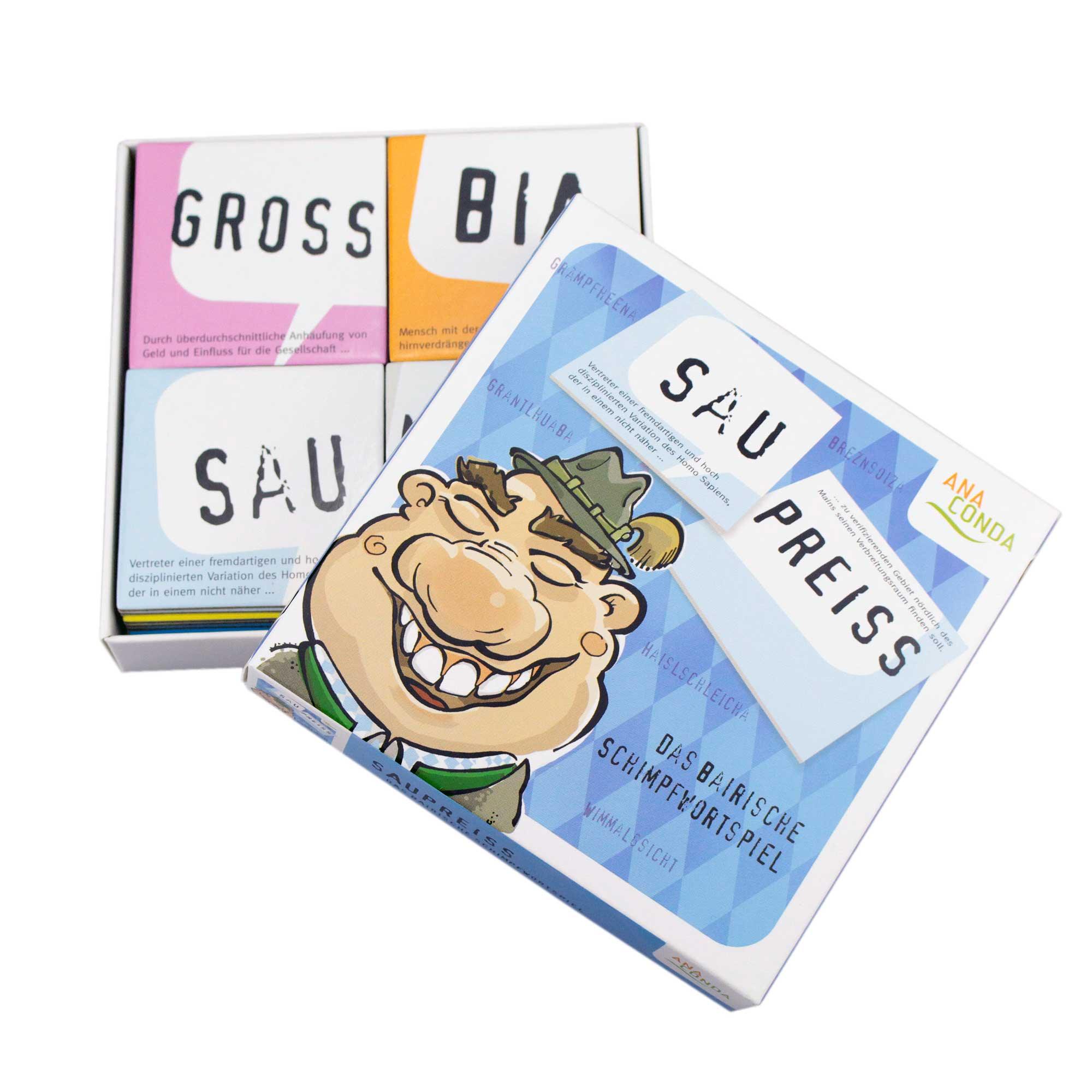 Bairisches Memoryspiel mit bunten Karten, boarischen Ausdrücken und humorvollen Schimpfwörtern, 100-teilig.