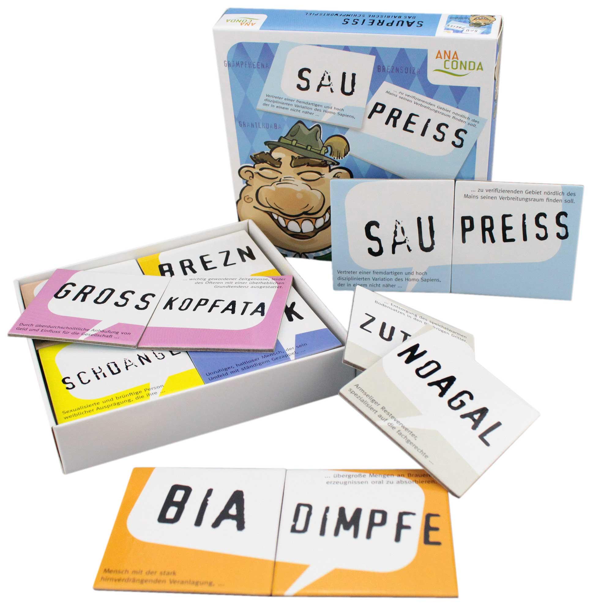 Bairisches Memoryspiel mit bunten Karten, boarischen Ausdrücken und satirischen Schimpfsprüchen, 100-teilig.