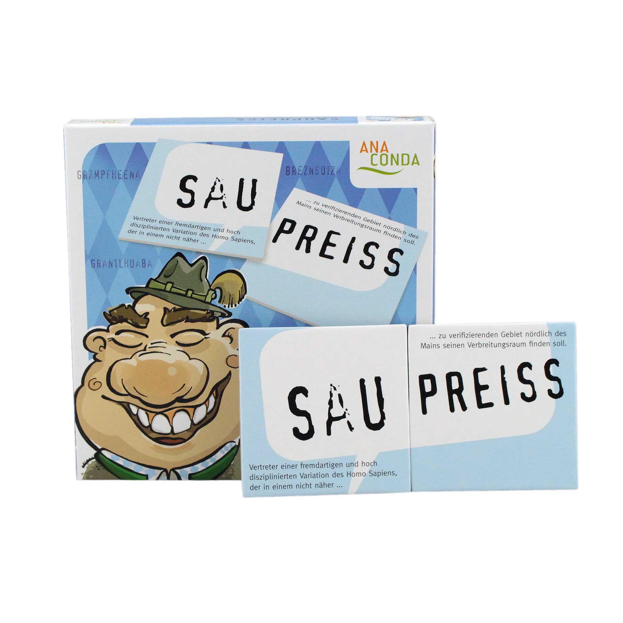 Bairisches Memoryspiel mit 72 runden Karten, bunten Motiven und boarischen Schimpfsprüchen auf stabiler Pappe.