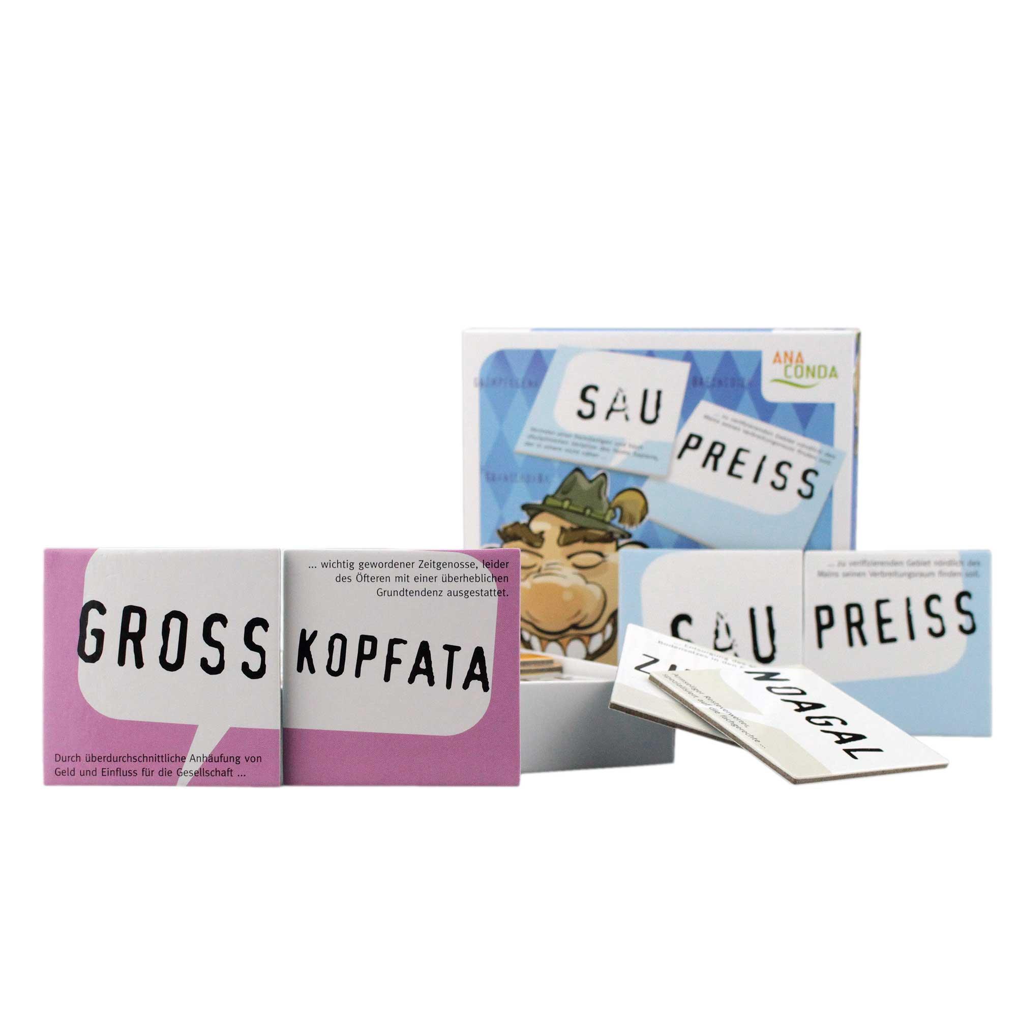 Bairisches Memoryspiel mit quadratischen Karten, bunten Motiven und lustigen Schimpfsprüchen auf Boarisch.