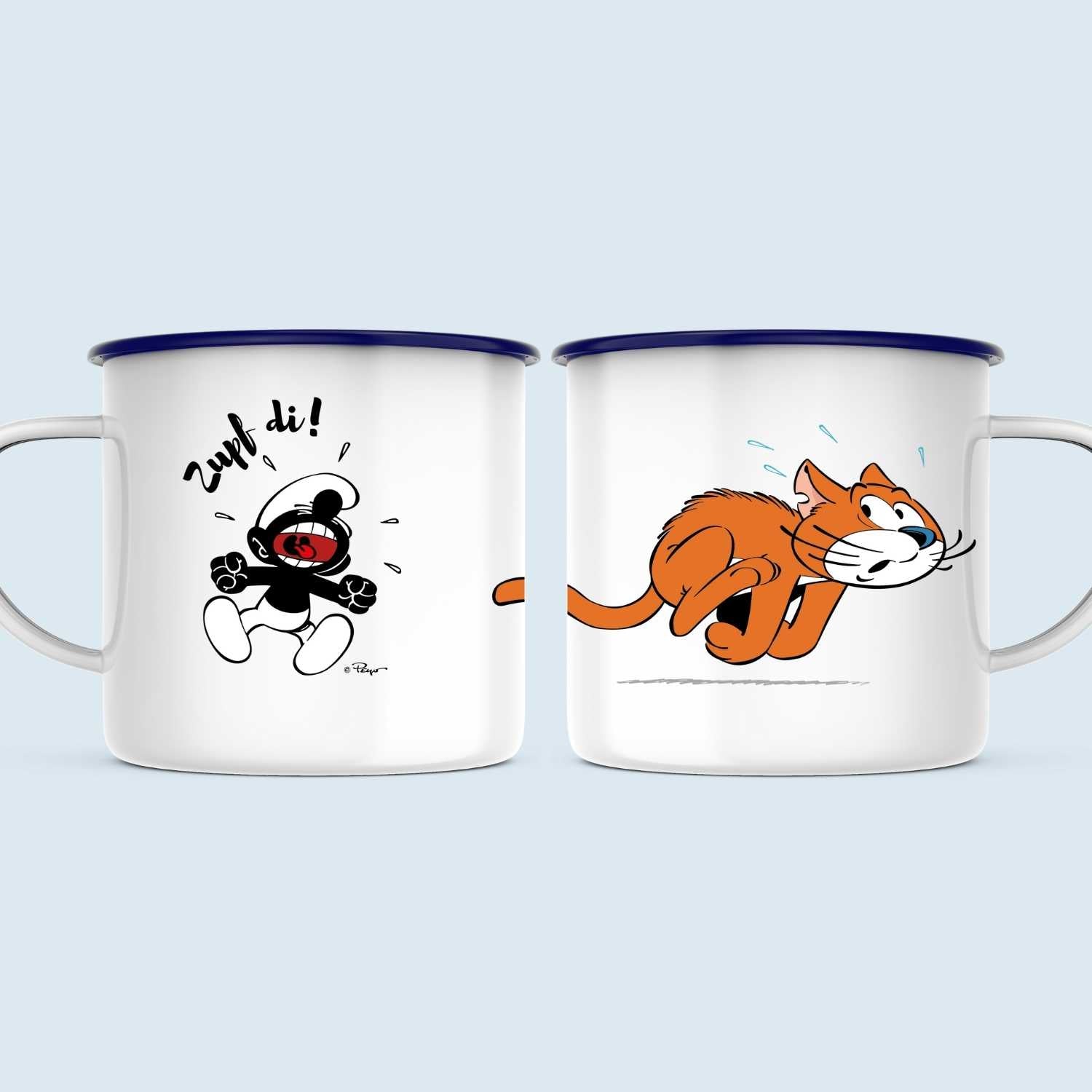 Schlümpfe Emailletasse Zupf di! mit schwarzem Schlumpf, der eine hysterische Katze jagt, blauem Rand.