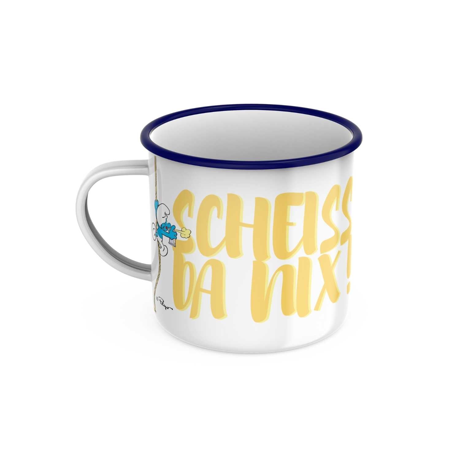 Weiße "Die Schlümpfe Emailletasse Scheiß da nix" mit blauem Rand und Schlumpf-Design.