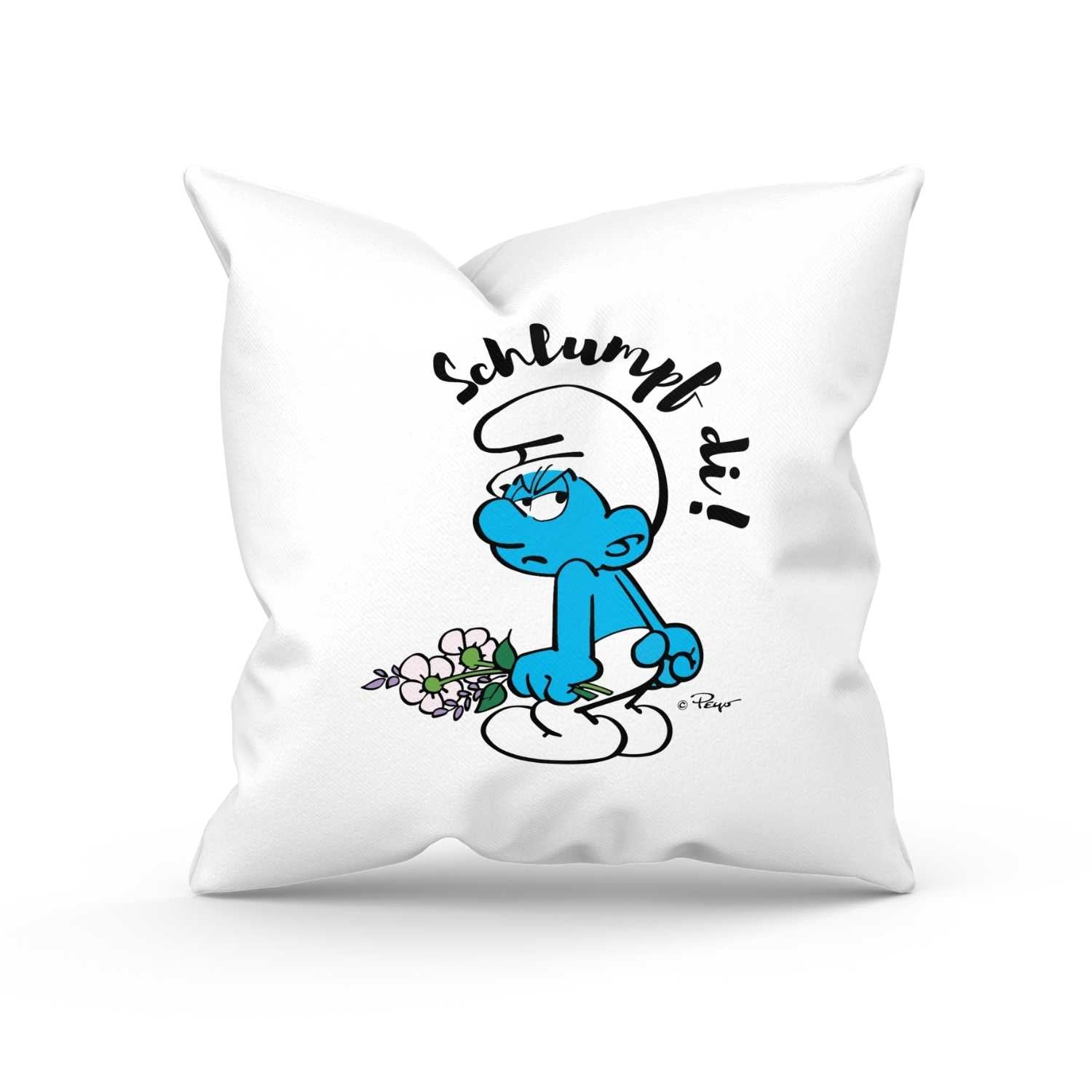 Weißes ®Die Schlümpfe Schlumpf di! Kuschelkissen mit mürrischem Schlumpf und Blumenstrauß Motiv.