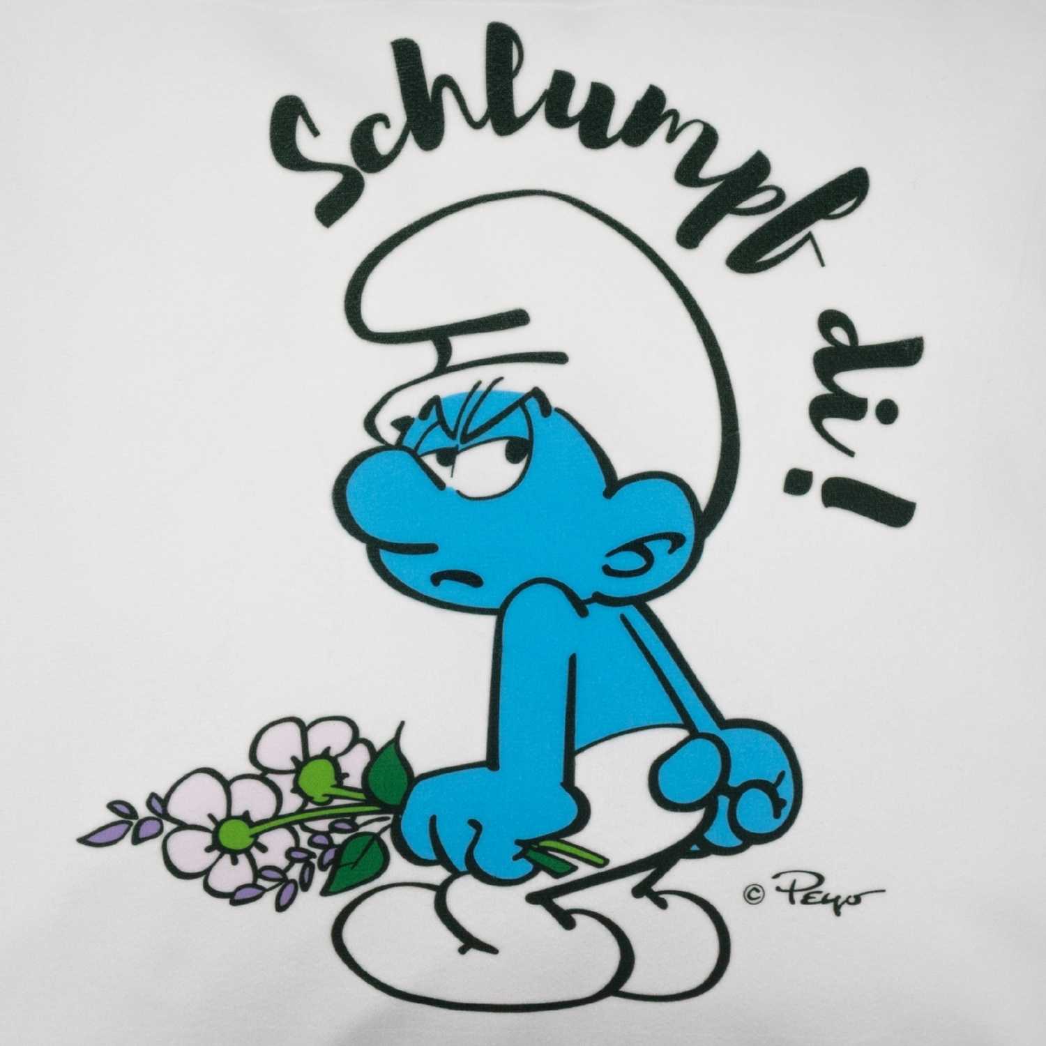 Schlumpf di! Kuschelkissen mit verärgertem blauen Schlumpf und Blumen, weißer Hintergrund.