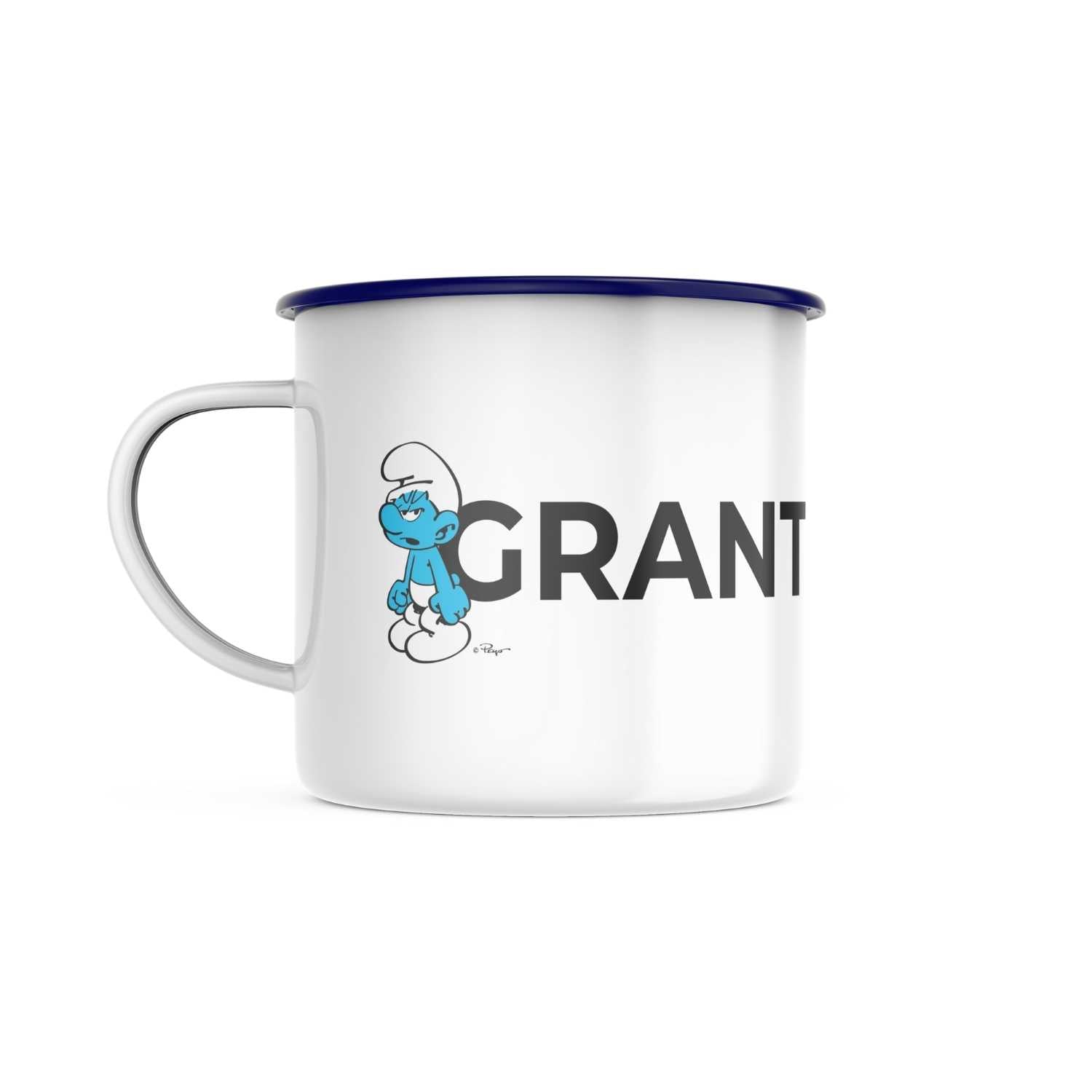 Weiße ®Die Schlümpfe Emailletasse Grantla mit blauem Rand und dem Motiv des schlecht gelaunten Schlumpfes.