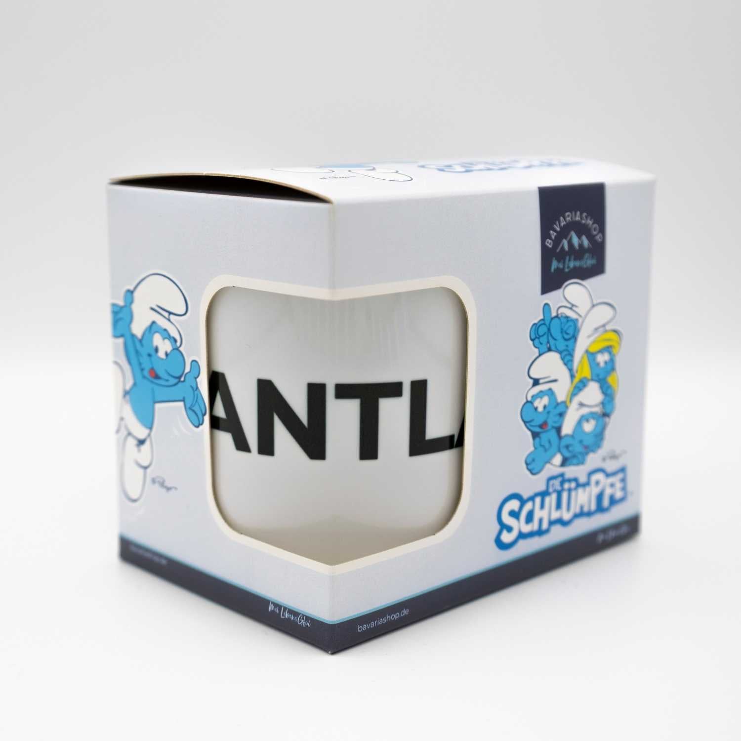 Verpackte Schlümpfe Emailletasse Grantla mit blauen Schlümpfen und "Die Schlümpfe" Logo, Vorderansicht.