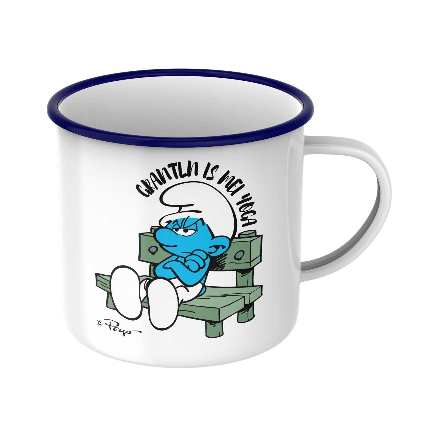 Die Schlümpfe Emailletasse Grantln is mei Yoga mit Grummel-Schlumpf auf Bank und blauem Rand