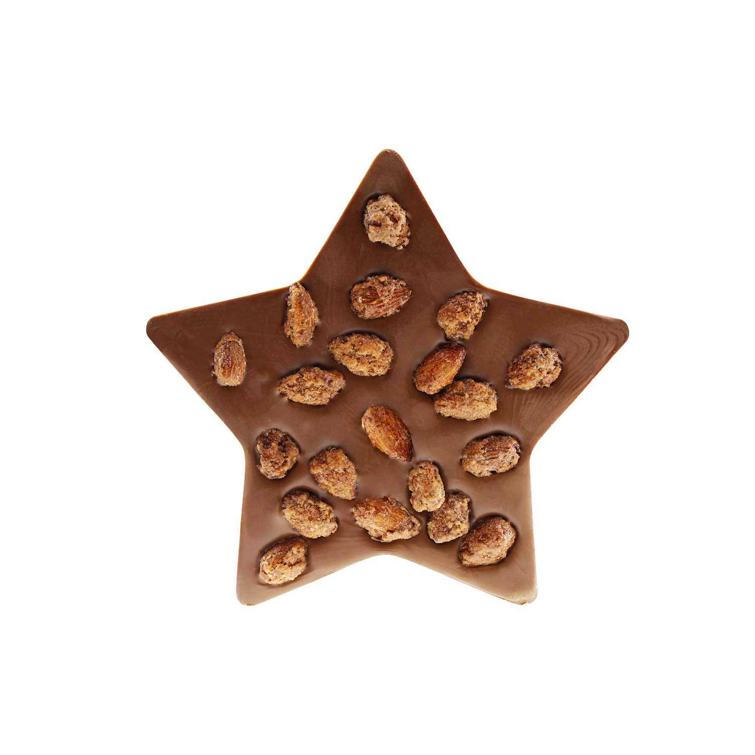 Sternförmige Vollmilchschokolade mit handgerösteten, karamellisierten Mandeln, glänzend braun, 100 g.
