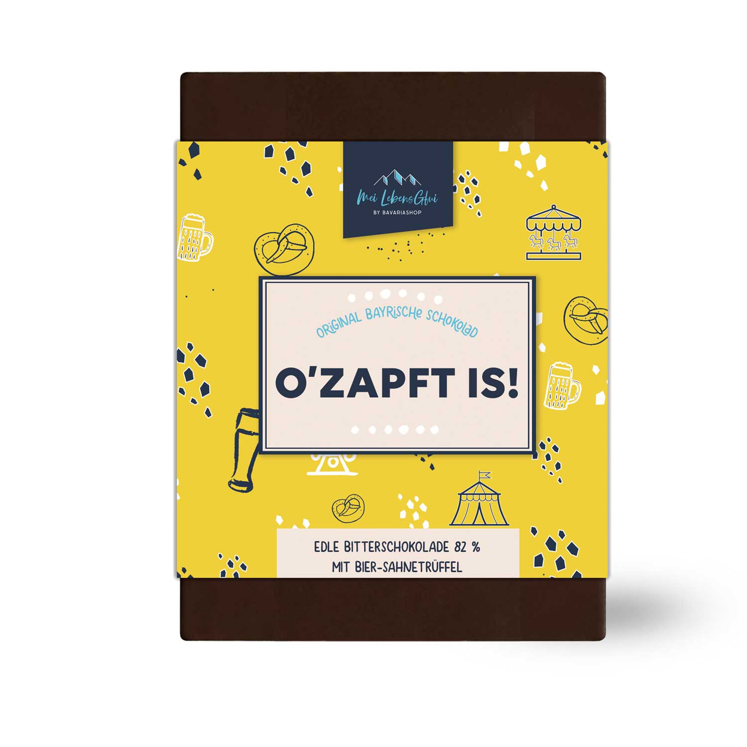 Edle Bitterschokolade mit glatter Oberfläche und sichtbarem Schriftzug, gefüllt mit Bier-Sahnetrüffel, 70 g.
