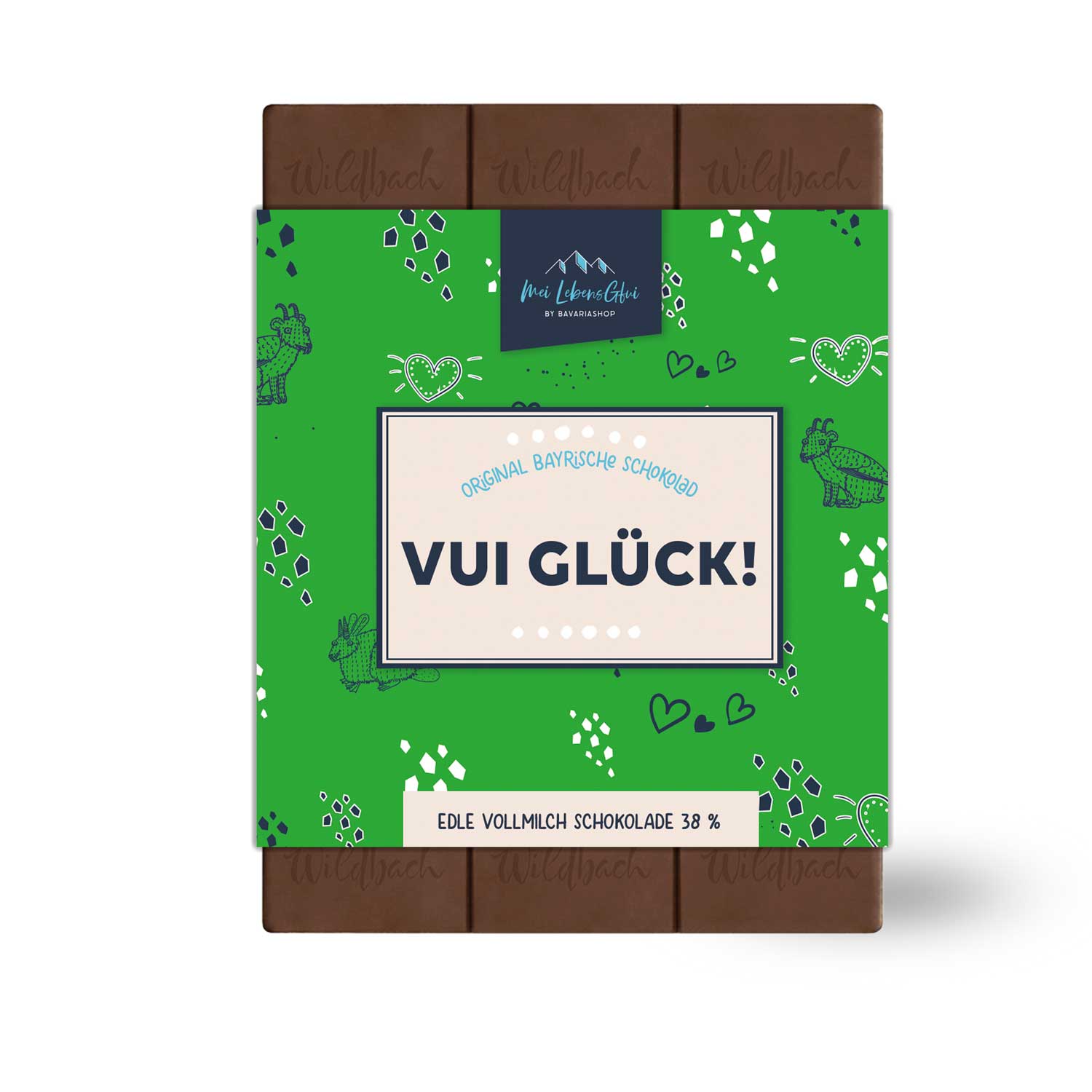 Handgeschöpfte Vollmilchschokolade in Tafel­form mit geprägtem Schriftzug „Vui Glück“, hergestellt in Bayern, 70 g.
