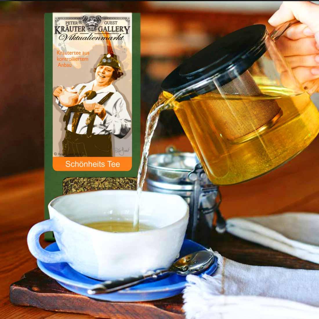 Loser Kräutertee in grober, naturbelassener Mischung mit sichtbaren Blüten, Blättern und Kräutern, 75 g.
