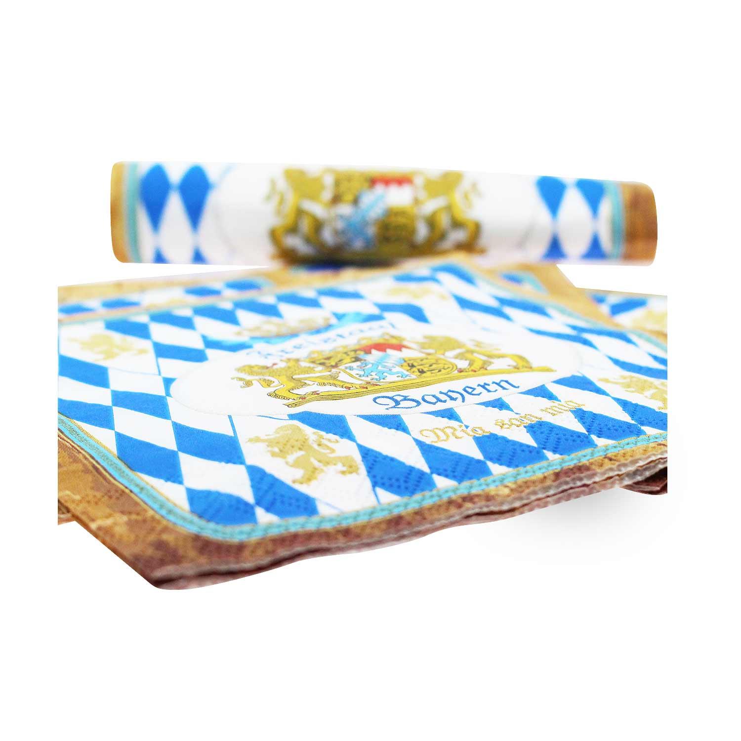 Weiße Papierserviette mit blauem Rautenmuster und blauem Schriftzug „Freistaat Bayern“, 20 Stück im Set.
